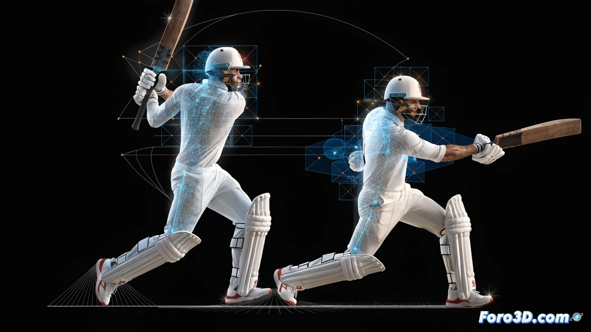 cricket batsman Rohit Sharma executing a pull shot in a 3D motion capture studio, multiple transparent skeletal wireframes overlaying his body showing joint angles and timing, biomechanical analysis software interface floating beside him, green chroma key background, infrared motion tracking cameras on tripods surrounding the pitch, glowing trajectory lines from bat to ball, engineering visualization style, realistic skin texture and cricket gear, dramatic studio lighting with blue and orange rim lights, ultra-detailed muscle tension visible, photorealistic technical render
