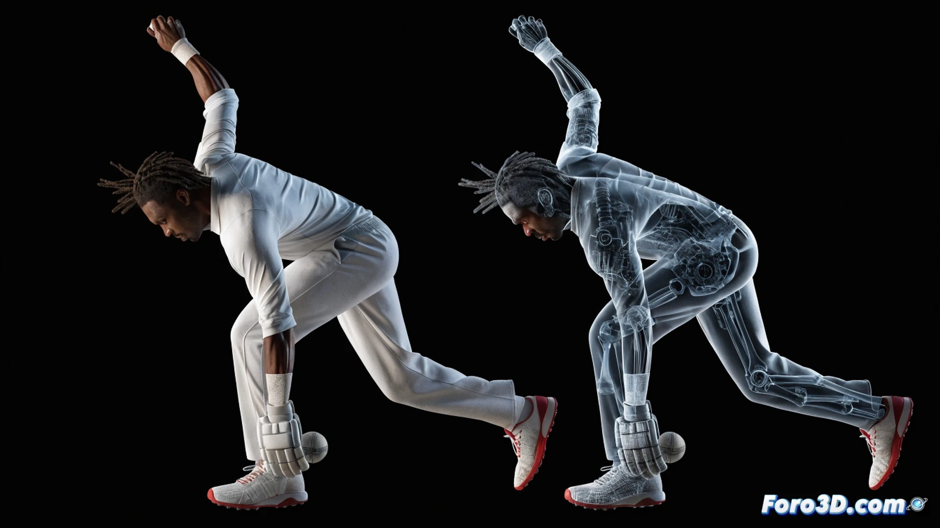 bateador zurdo de cricket en pleno swing agresivo, análisis biomecánico 3D mostrando líneas de fuerza muscular y distribución de peso durante el impacto, empuñadura única desglosada con marcadores articulares, postura abierta con rotación de cadera y hombros, fondo de laboratorio técnico con pantallas de software de captura de movimiento, visualización engineering con wireframe esquelético superpuesto, iluminación dramática de estudio, texturas metálicas y de carbono, estilo photorealistic technical illustration