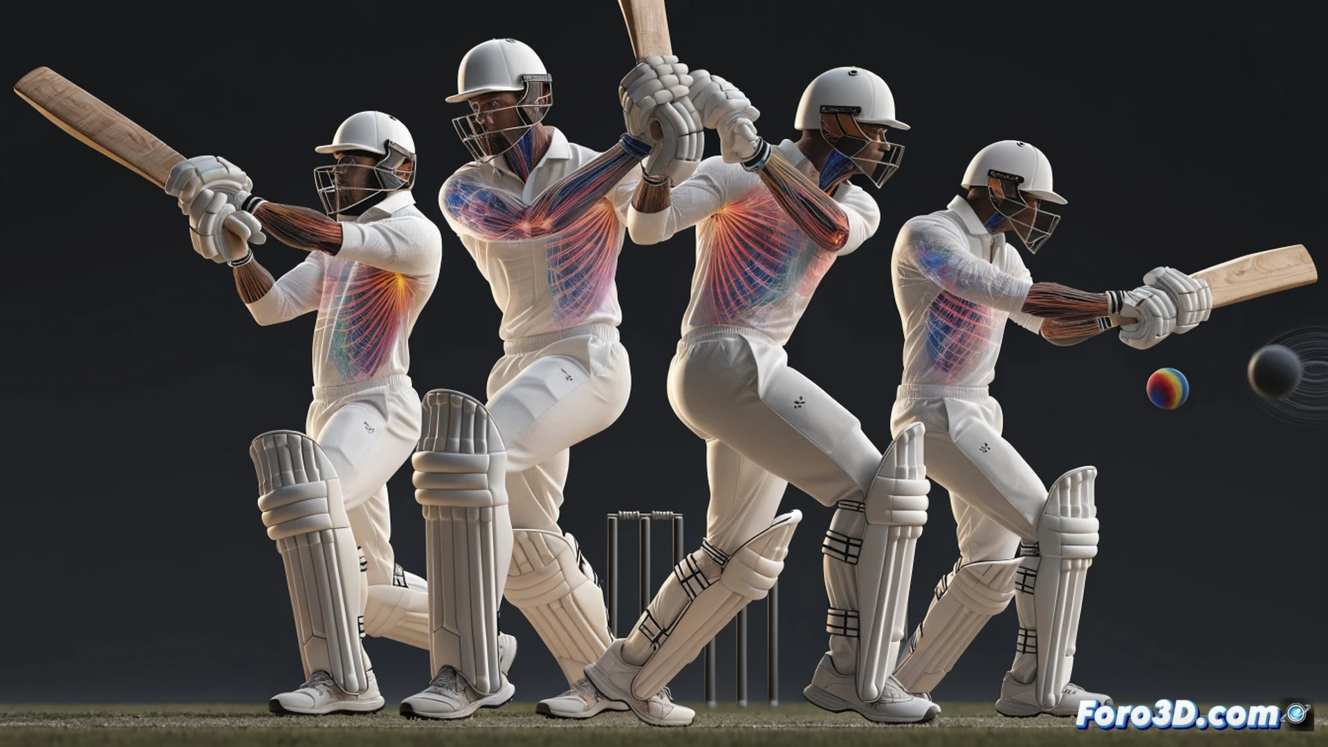 cricket batter Tony de Zorzi mid-stance during a forward defensive shot, 3D motion capture skeleton overlaying his body showing joint angles and weight transfer, wireframe grid tracking his head position and bat swing arc, red trajectory lines tracing ball path from bowler, blue force vectors on front foot pressure, photorealistic technical visualization, stadium outfield background, dynamic pose with bat raised, hyper-detailed muscle tension, cinematic sports analysis lighting, depth of field on motion lines