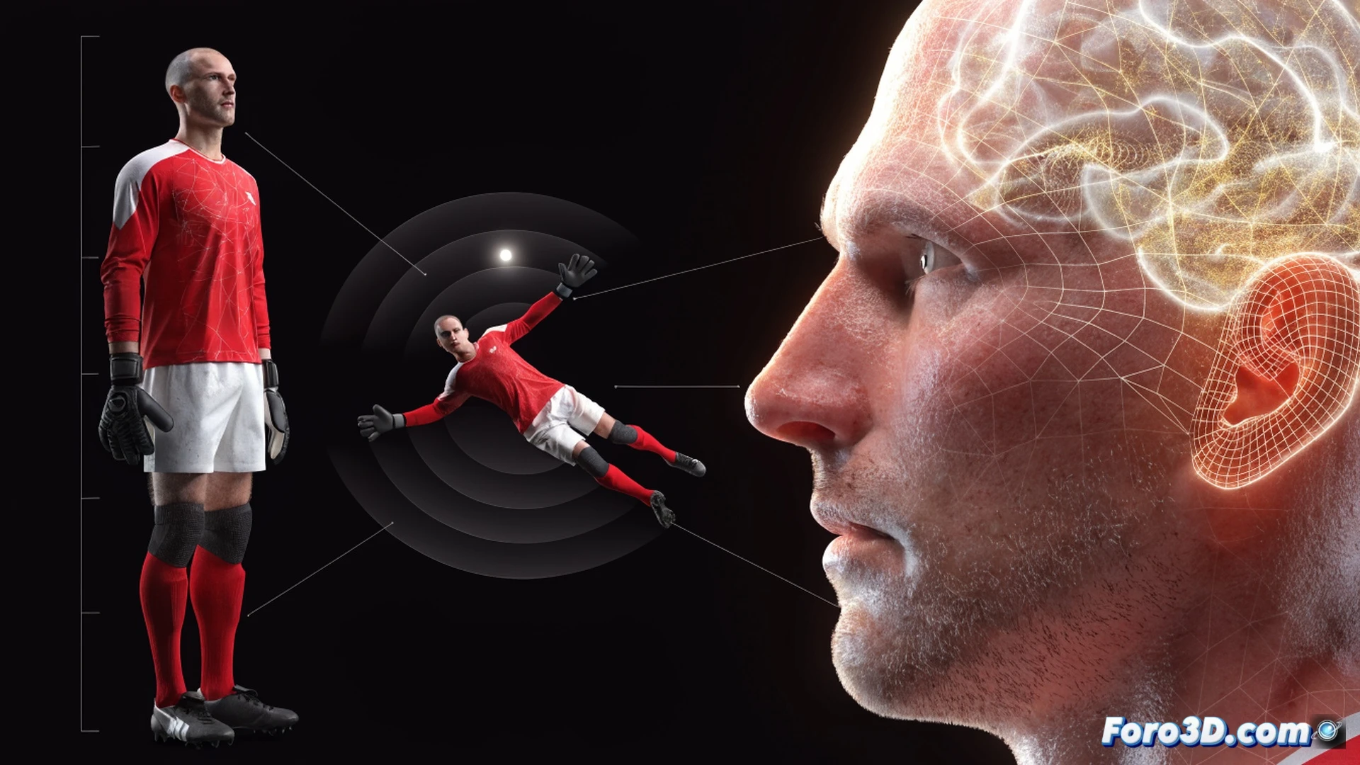 Edwin van der Sar in full goalkeeper kit extending his long arms to intercept a high cross, his body positioned perfectly off the goal line, feet planted in a wide stance, optical tracking lines radiating from his eyes to the ball trajectory, a translucent 3D wireframe overlay showing limb reach radii and spatial coverage zones, technical illustration style, clean white studio background, blue and orange team colors on kit, photorealistic human anatomy, precise angular measurements displayed as floating vectors, dramatic side lighting, ultra-detailed fabric texture, engineering visualization render