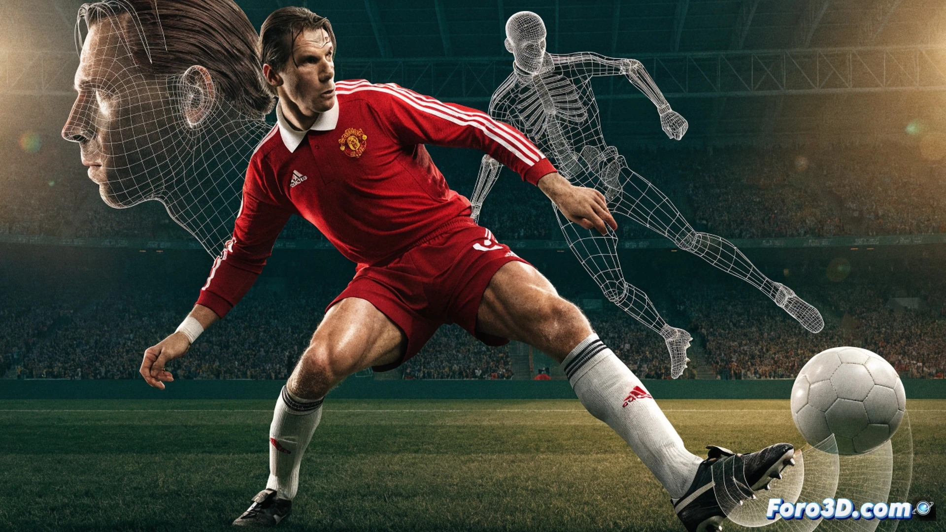 Ruud van Nistelrooy inside penalty box during match simulation, left foot striking ball mid-air while three defenders close in, trajectory lines showing precise foot angle and ball spin, green pitch with stadium lights casting sharp shadows, technical 3D biomechanical overlay highlighting hip rotation and ankle lock, photorealistic sports analysis render, motion freeze effect, muscle tension visible in calf and thigh, defensive players reaching late, realistic fabric folds on jersey, dramatic side lighting, ultra-detailed grass blades and boot studs