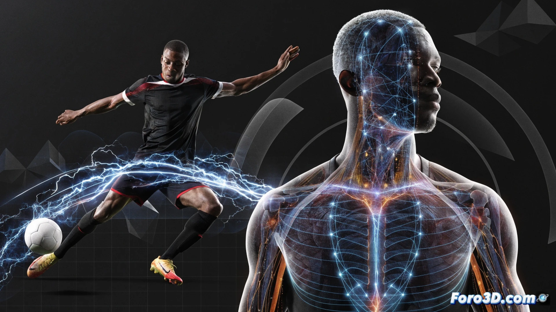 athletic striker Victor Boniface pivoting in tight space during 3D biomechanical analysis, left foot striking ball with explosive power, translucent skeletal overlay showing hip rotation and torque, motion capture markers on joints and torso, football deforming slightly at impact, green turf beneath, technical engineering visualization with wireframe grid lines tracing movement arc, robotic camera rig in background capturing multiple angles, photorealistic render with dramatic stadium floodlights, muscle tension visible through compression shirt