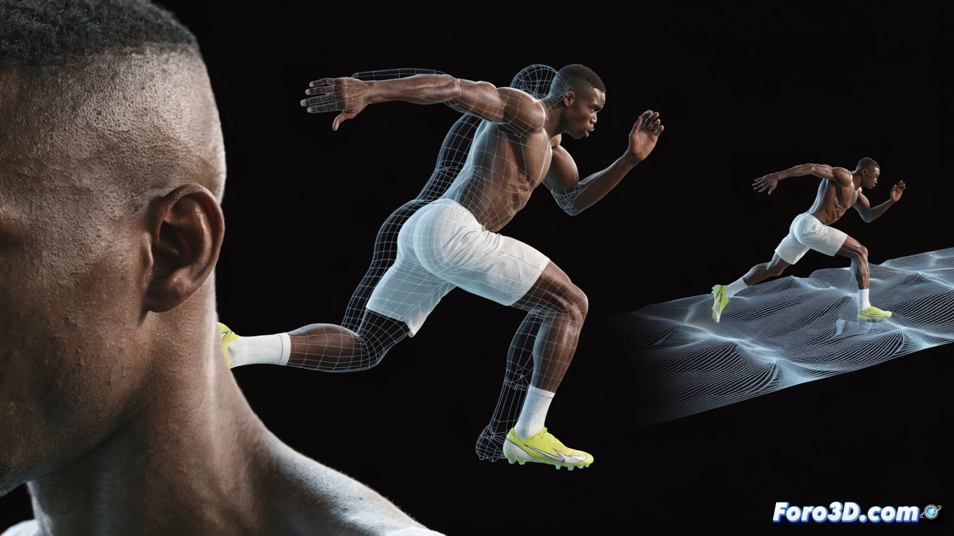 Victor Osimhen 3D motion capture analysis, explosive acceleration phase during a counterattack, sprinting forward with powerful stride, muscular legs generating force against the grass, biomechanical skeleton overlay showing joint angles and muscle activation, football pitch with blurred defenders in background, technical sports science visualization, wireframe mesh on body, bright stadium lighting, dynamic camera angle from low ground following the run, photorealistic engineering render with data points floating around his torso and legs, sharp focus on the striking foot and ground contact moment