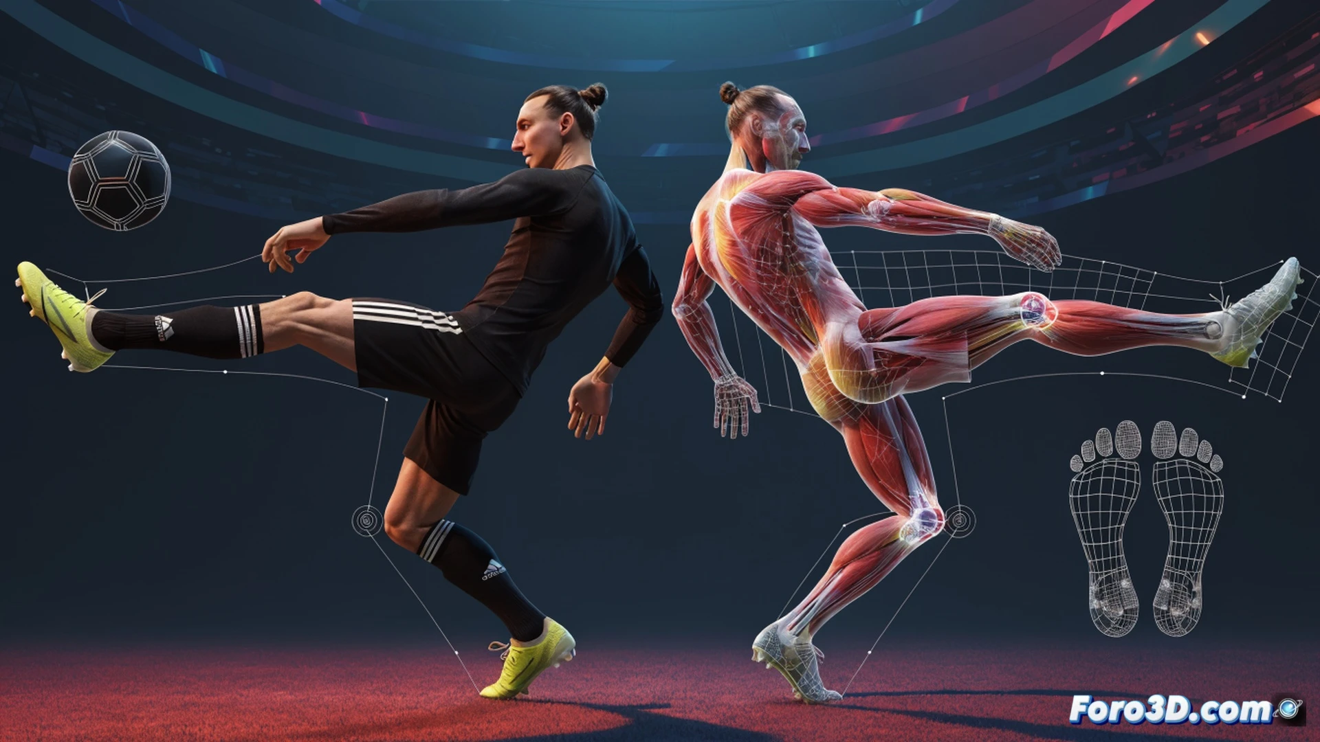 biomechanical 3D scan of Zlatan Ibrahimović during an acrobatic kick, motion capture markers on joints and torso, skeletal wireframe overlay showing non-standard hip rotation and elongated achilles tendon, real-time data streams on monitors showing angular velocity and torque vectors, technical engineering visualization, dark studio with green screen backdrop, photorealistic digital human render, muscle deformation mapping, glowing joint articulation points, procedural animation lines tracing limb trajectories, cinematic lighting from above, ultra-detailed skin texture and sweat