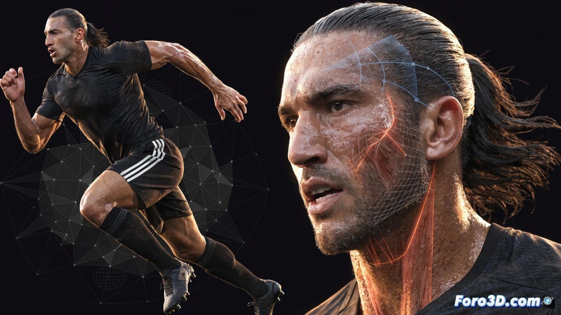 Carlos Tévez biomechanical analysis in a 3D sports science lab, delantero explosivo en plena acción durante un sprint potente, músculos de piernas y torso resaltados con mapas de calor de fuerza, pantallas holográficas mostrando datos de resistencia y torque articular, sensores de movimiento en sus botines y rodilleras, fondo con gráficos de trayectoria táctica en campo de fútbol, iluminación técnica dramática, estilo engineering visualization photorealistic, texturas de sudor y tensión muscular realistas, fondo oscuro con líneas de fuerza dinámicas.