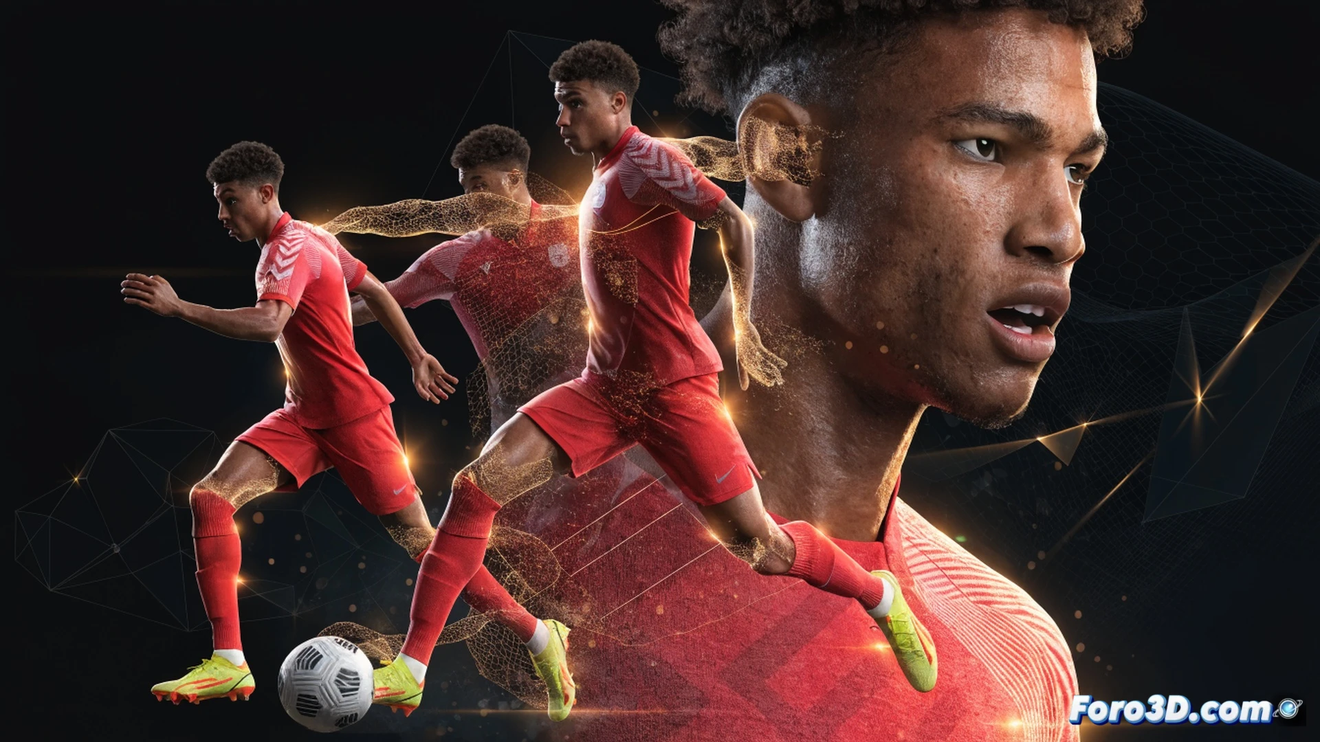 young footballer in motion on grass pitch, performing a sudden directional change with ball at feet, 3D skeleton wireframe overlay showing hip rotation and leg muscle activation, glowing trajectory lines tracing acceleration path, defensive player frozen mid-lunge, technical illustration style with translucent anatomical layers, blue and orange gradient lighting, digital motion capture markers on joints, photorealistic skin texture contrasting with holographic data grids, cinematic depth of field, ultra-detailed grass blades and boot studs, engineering visualization of spatial awareness and biomechanics