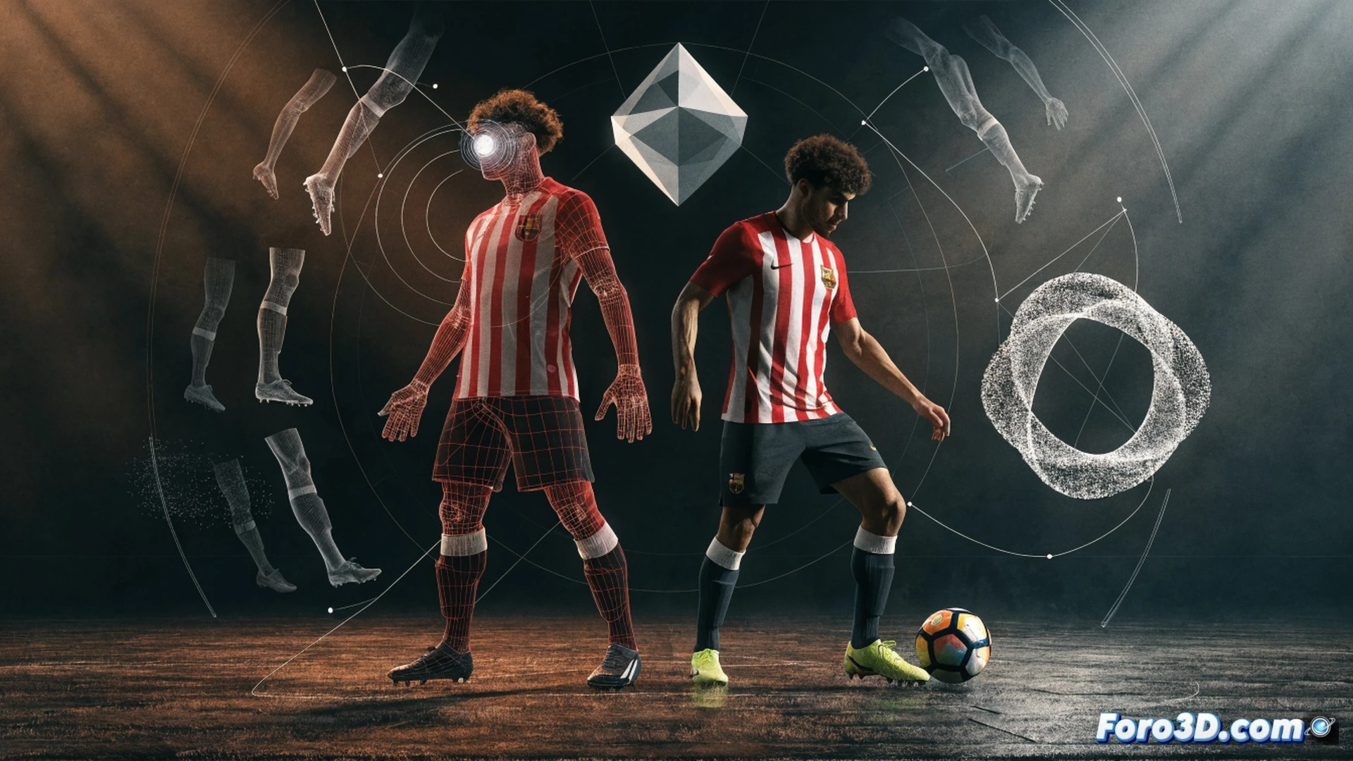 low center of gravity player receiving a football under defensive pressure, turning with peripheral vision while scanning for forward passing lines, 3D motion capture skeleton showing balance and torque, heatmap overlay on pitch indicating spatial awareness, glowing trajectory lines from foot to midfield gaps, cinematic engineering visualization, photorealistic stadium lighting, volumetric grass blades, subtle sweat particles, dynamic blur on opponent approaching, ultra-detailed kit texture, technical biomechanical analysis style