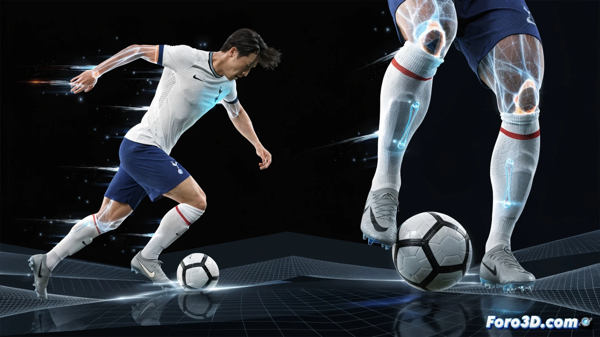 biomechanical analysis of a footballer in motion, left foot striking a ball with perfect form, glowing 3D skeletal overlay showing hip rotation and ankle lock, right leg planted showing muscle activation heatmap, green and blue trajectory lines tracing ball spin and foot speed, transparent wireframe body showing joint angles, dark studio background with grid floor, cinematic engineering visualization, volumetric lighting, photorealistic athlete skin texture, technical illustration style with precise anatomical markers