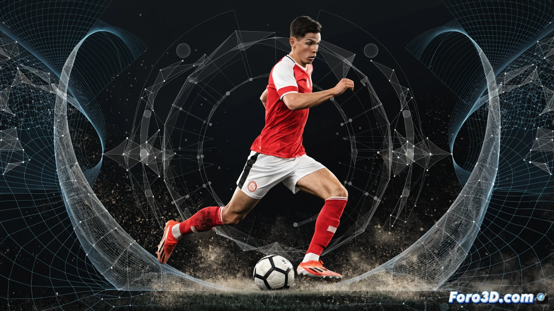 football player Viktor Tsygankov executing a rapid directional change with the ball at his feet on a green pitch, 3D wireframe skeleton overlay highlighting hip rotation and ankle angle during the motion, tactical zone heatmap on the ground showing space creation, technical engineering visualization, cinematic low-angle shot, dramatic stadium floodlights, photorealistic render with motion blur on legs and ball
