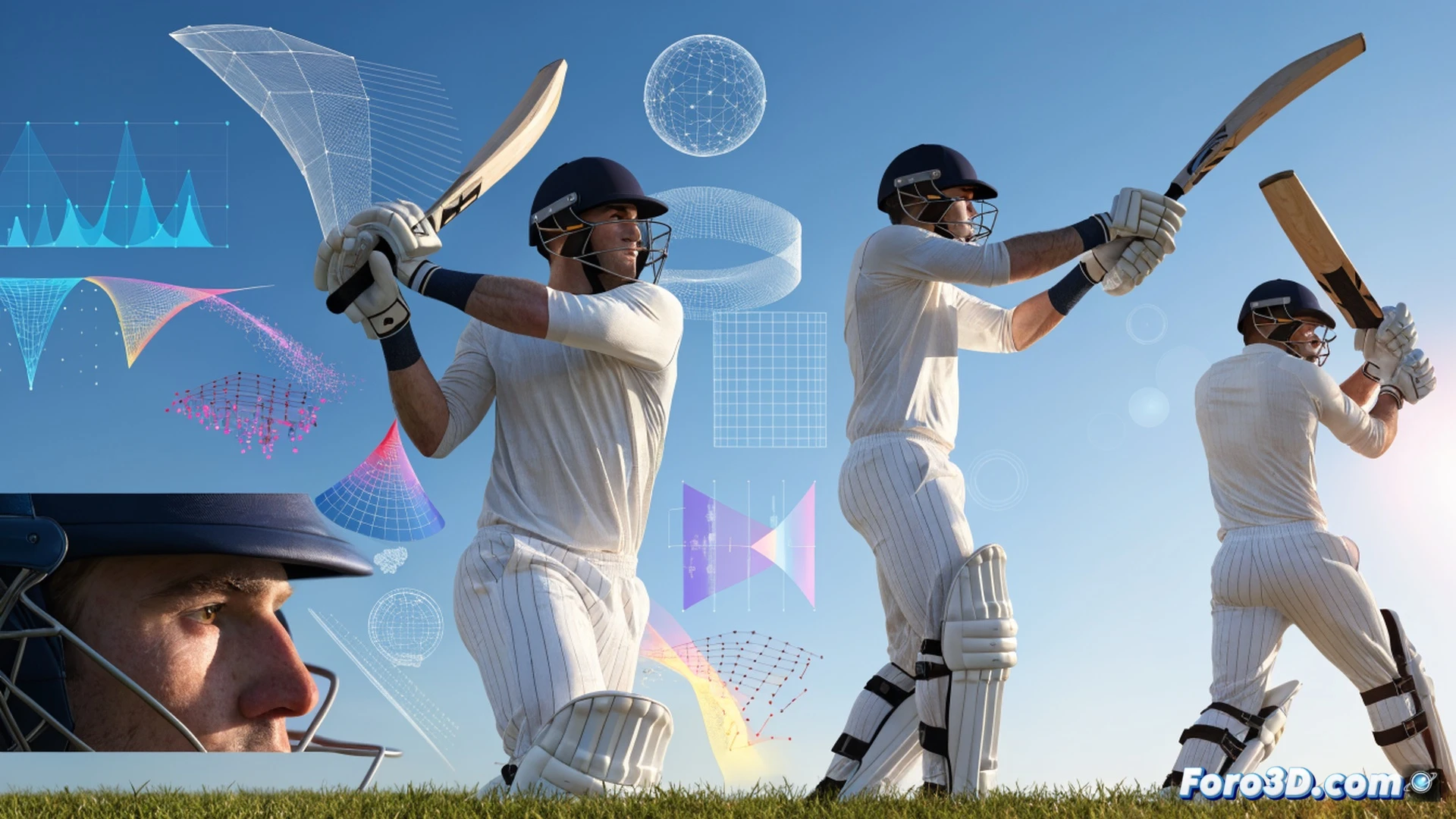 cricket batsman Harry Brook in mid-stroke against a fast bowler, three-dimensional wireframe overlay tracking his bat swing path and hip rotation, glowing trajectory lines from bowler release to bat impact, technical data points floating around his stance showing launch angle and timing metrics, dark studio background with dramatic side lighting, photorealistic sports science visualization, ultra-detailed muscle definition and bat grain, cinematic slow-motion action freeze-frame