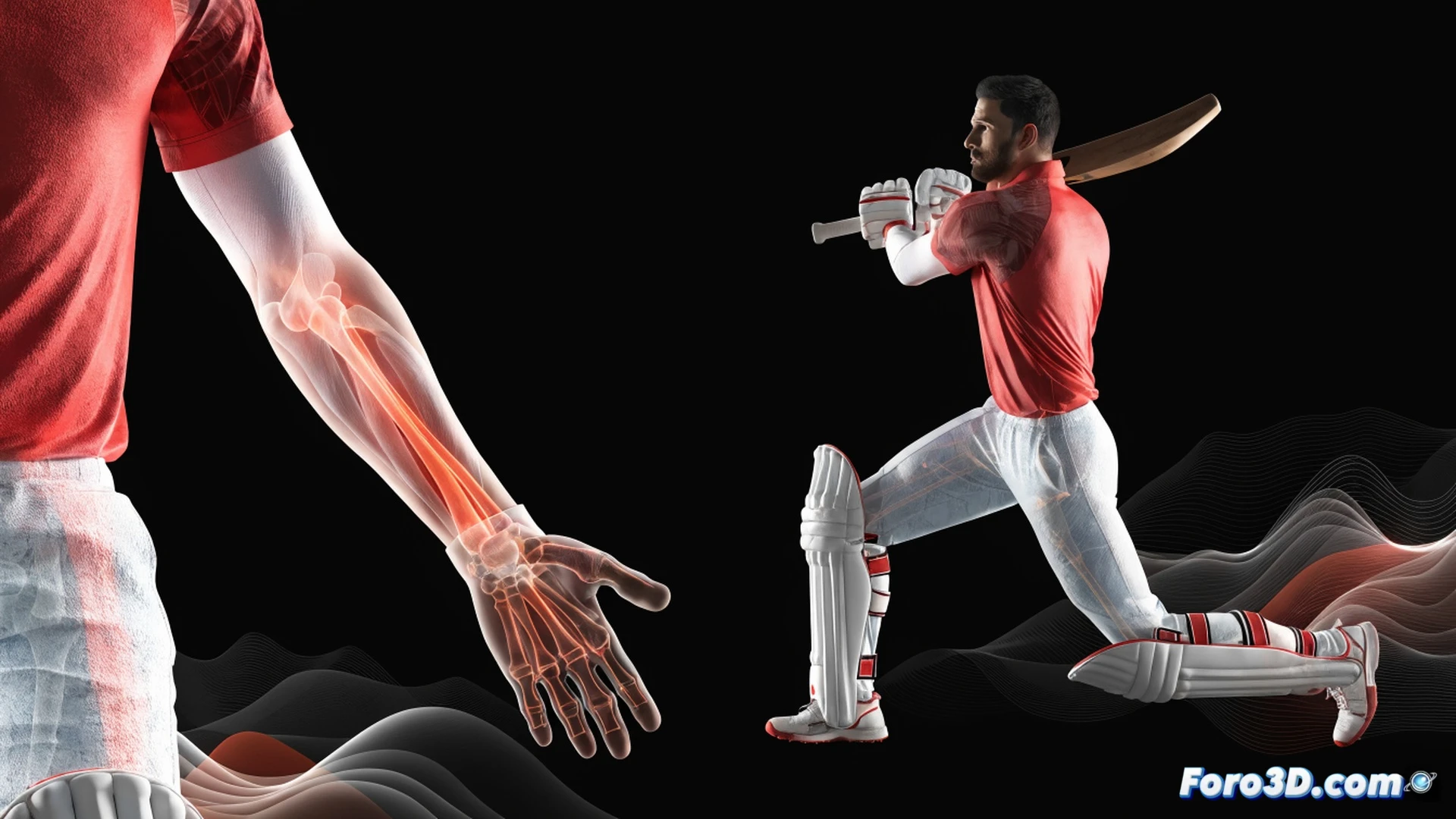 biomechanical analysis of a cricket batsman in 3D motion capture studio, Sanju Samson executing a lofted drive, high-speed camera array tracking wrist rotation and front foot movement, transparent skeletal overlay showing joint angles and muscle activation, holographic trajectory lines from bat face, glowing biomechanical data streams, dark studio with blue and orange accent lighting, technical engineering visualization, photorealistic render, detailed muscle fiber textures, motion blur on bat swing, depth of field on footwork