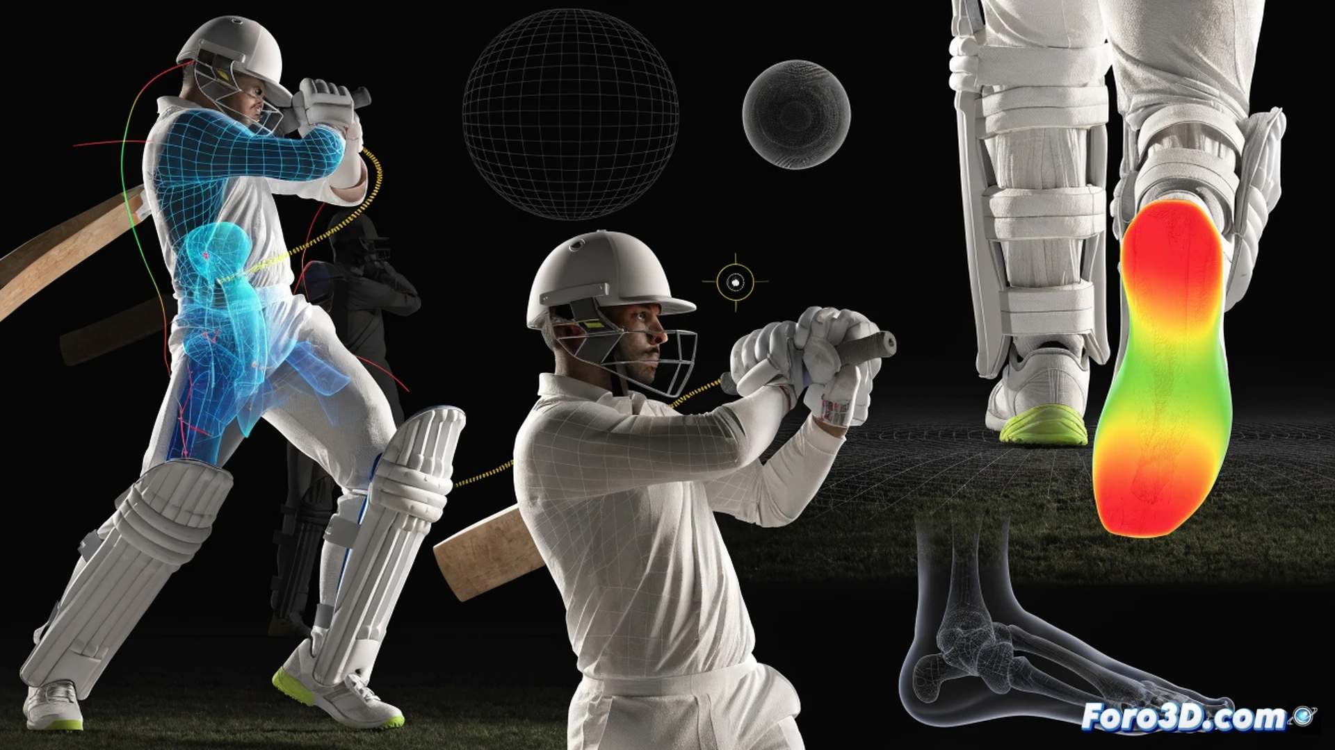 3D motion-capture wireframe of cricketer Imam-ul-Haq in batting stance, head perfectly still over front shoulder, back foot balanced on toe during forward defensive shot, bat swing arc traced with glowing biomechanical lines, joint angles highlighted in red on knees and elbows, virtual goniometer overlays measuring hip rotation, dark studio background with soft rim lighting, technical engineering visualization style, photorealistic human figure with semi-transparent skeletal overlay, grid floor for depth reference, cinematic focus on weight transfer process