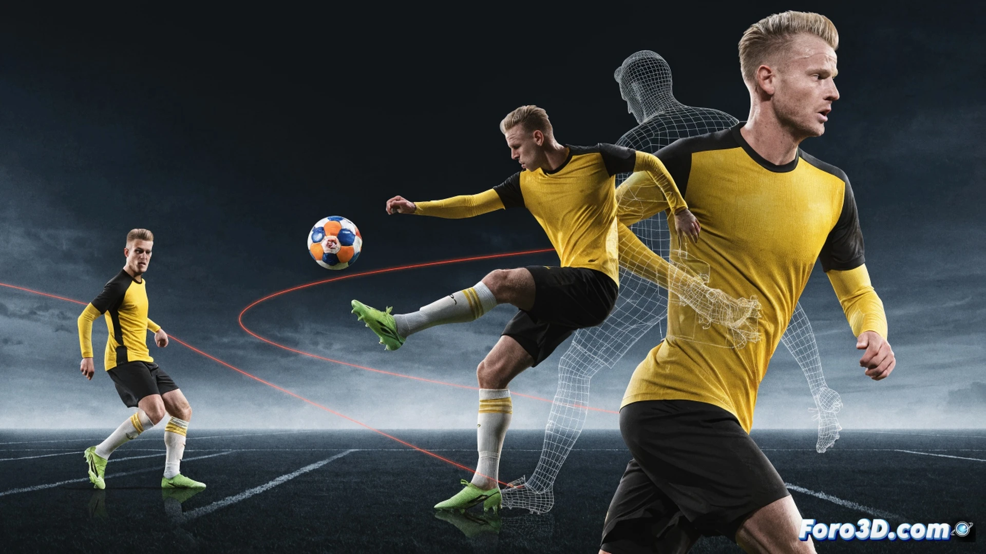 Marco Reus en acción durante un sprint ofensivo, conduciendo el balón con cambio de ritmo mientras rompe una línea defensiva, mostrando su precisión de remate con el perfil derecho, diagramas técnicos 3D de trayectorias de movimiento y timing espacial sobre el césped, análisis biomecánico de su zancada y ángulo de disparo, iluminación dramática de estadio, estilo cinematic photorealistic engineering visualization, texturas de césped realista y balón en movimiento con estela de velocidad