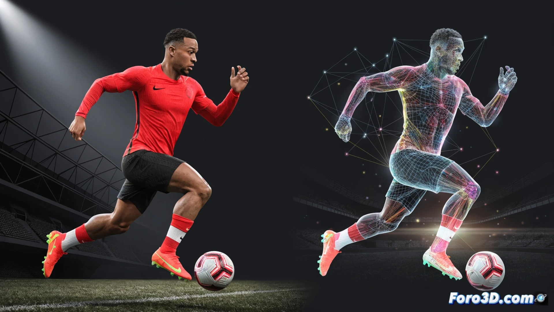 Futbolista en acción de regate con balón pegado al pie, musculatura tensa mostrando potencia física, tres líneas de movimiento curvas y punteadas trazando su trayectoria imprevisible, diagrama técnico 3D con wireframe de jugador superpuesto, herramientas de análisis biomecánico como sensores articulares y gráficos de fuerza vectorial flotando alrededor, durante un giro brusco sobre césped, estilo cinematic technical illustration, iluminación dramática de estadio, textura de piel y tela hiperrealista, profundidad de campo reducida, render fotorealista de ingeniería deportiva.