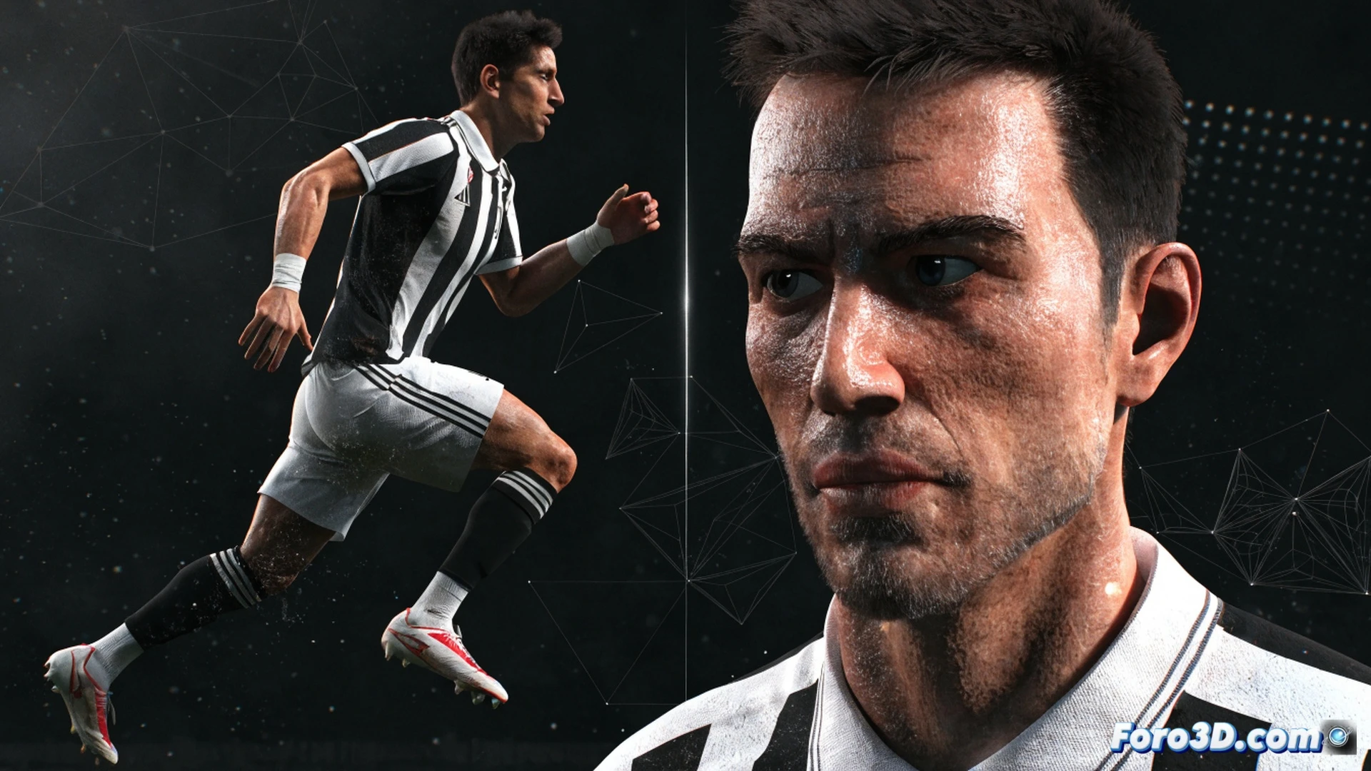 centrocampista con camiseta de la Juventus en plena acción, giro corporal elegante mientras protege el balón, diagrama táctico 3D superpuesto mostrando líneas de pase y zonas de movimiento, estadio con gradas difuminadas al fondo, animación de vectores de presión defensiva rodeando al jugador, herramientas de análisis deportivo como ventanas flotantes con datos de rendimiento, estilo de visualización técnica cinematográfica, iluminación dramática de reflector, texturas de césped y sudor realistas, renderizado fotorealista de alta definición