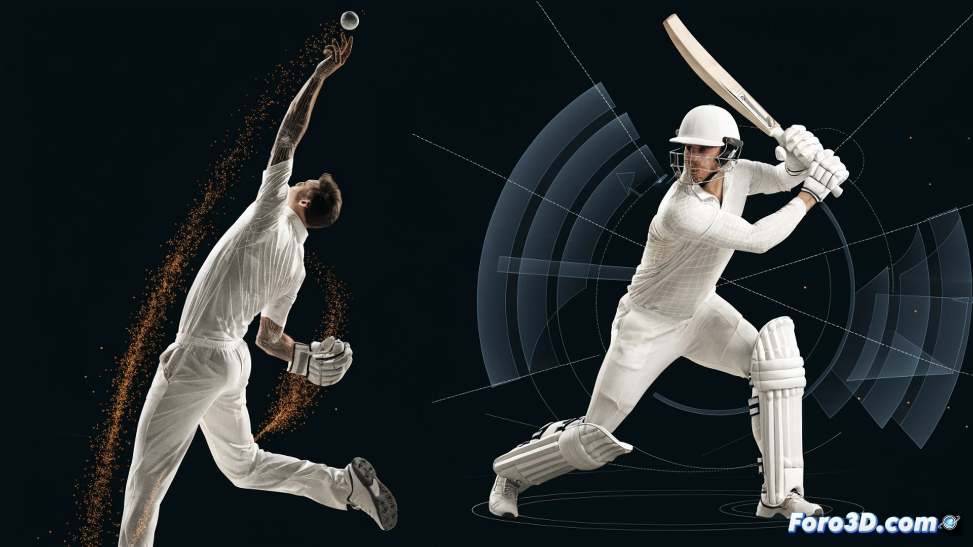 batsman James Neesham in mid-swing cricket shot, biomechanical analysis overlay showing joint angles and muscle activation lines, bat swing trajectory traced with glowing arc, ball launching off bat at high speed, field positioning diagram faintly visible in background, technical 3D wireframe skeleton overlaid on player, motion blur on bat and ball, realistic stadium grass and pitch texture, cinematic lighting with dramatic shadows, photorealistic engineering visualization, detailed muscle and tendon mapping, high-speed action freeze-frame effect