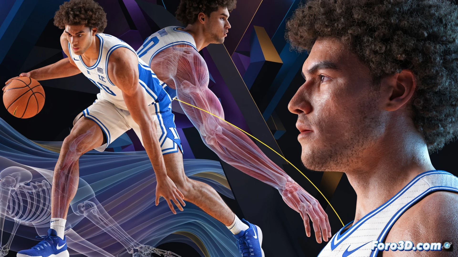 NBA power forward Paolo Banchero in motion during a fast break transition, dribbling a basketball with one hand while defenders scramble behind him, 3D wireframe overlay on his body highlighting biomechanical movement and ball-handling skills, post-up position shown in ghosted sequence against a defender in the low post, technical illustration style, photorealistic basketball court with stadium lights, glowing trajectory lines tracing his path from post to rim, detailed muscle and joint articulation visible through semi-transparent skin, cinematic sports visualization, ultra-detailed anatomy and motion capture markers, dramatic high-contrast lighting