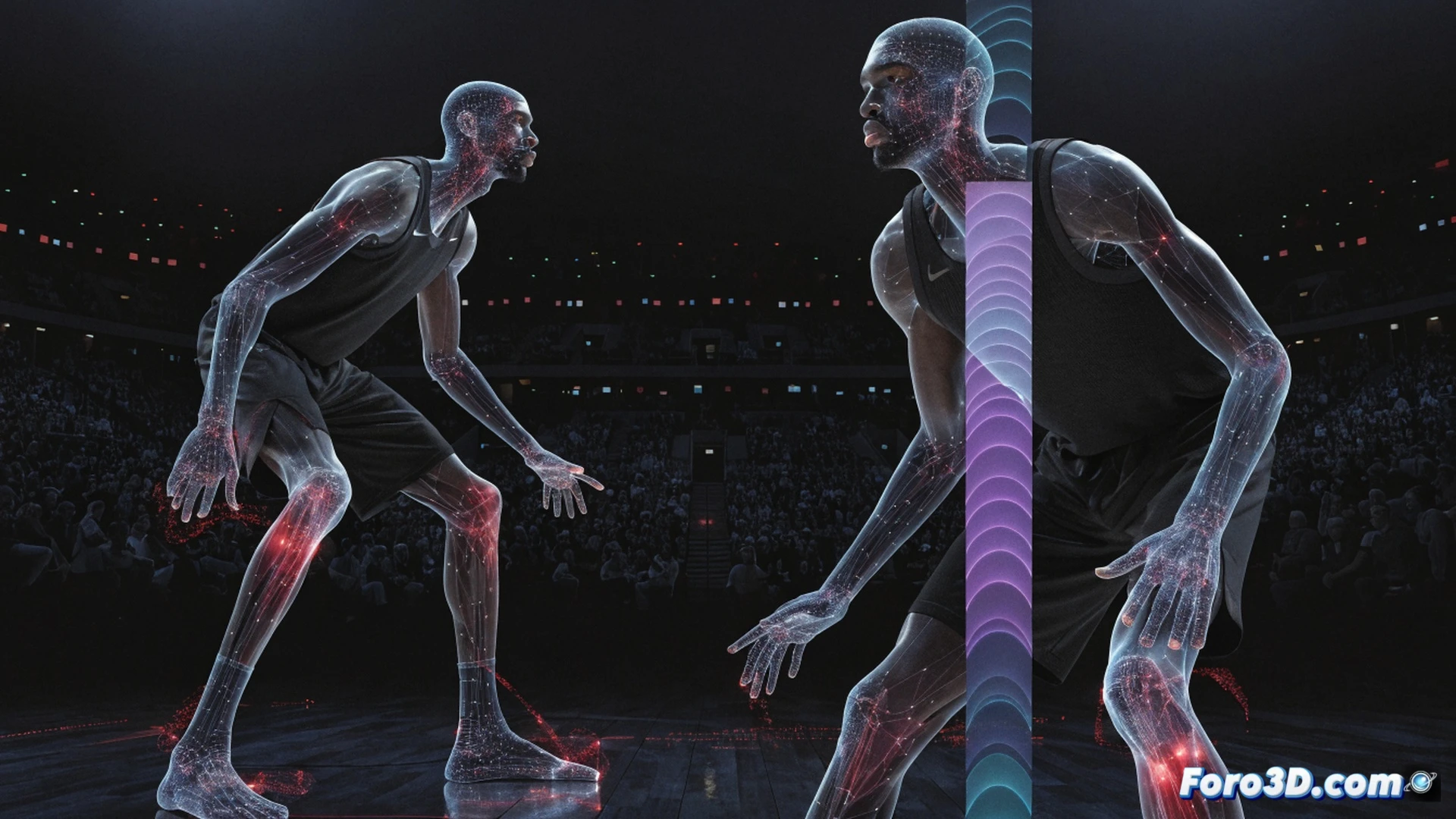 Evan Mobley mid-stride in defensive stance, 3D motion capture skeleton overlay highlighting hip rotation and stride length, basketball court floor with tracking lines showing pick-and-roll spatial reading, hand trajectory arcs for shot-blocking timing, wireframe body mesh with muscle activation zones in blue and red, photorealistic technical illustration, dynamic pose with arms extended, glowing joint angles and movement vectors, dark gym background with rim spotlight, ultra-detailed athletic anatomy, cinematic sports science visualization
