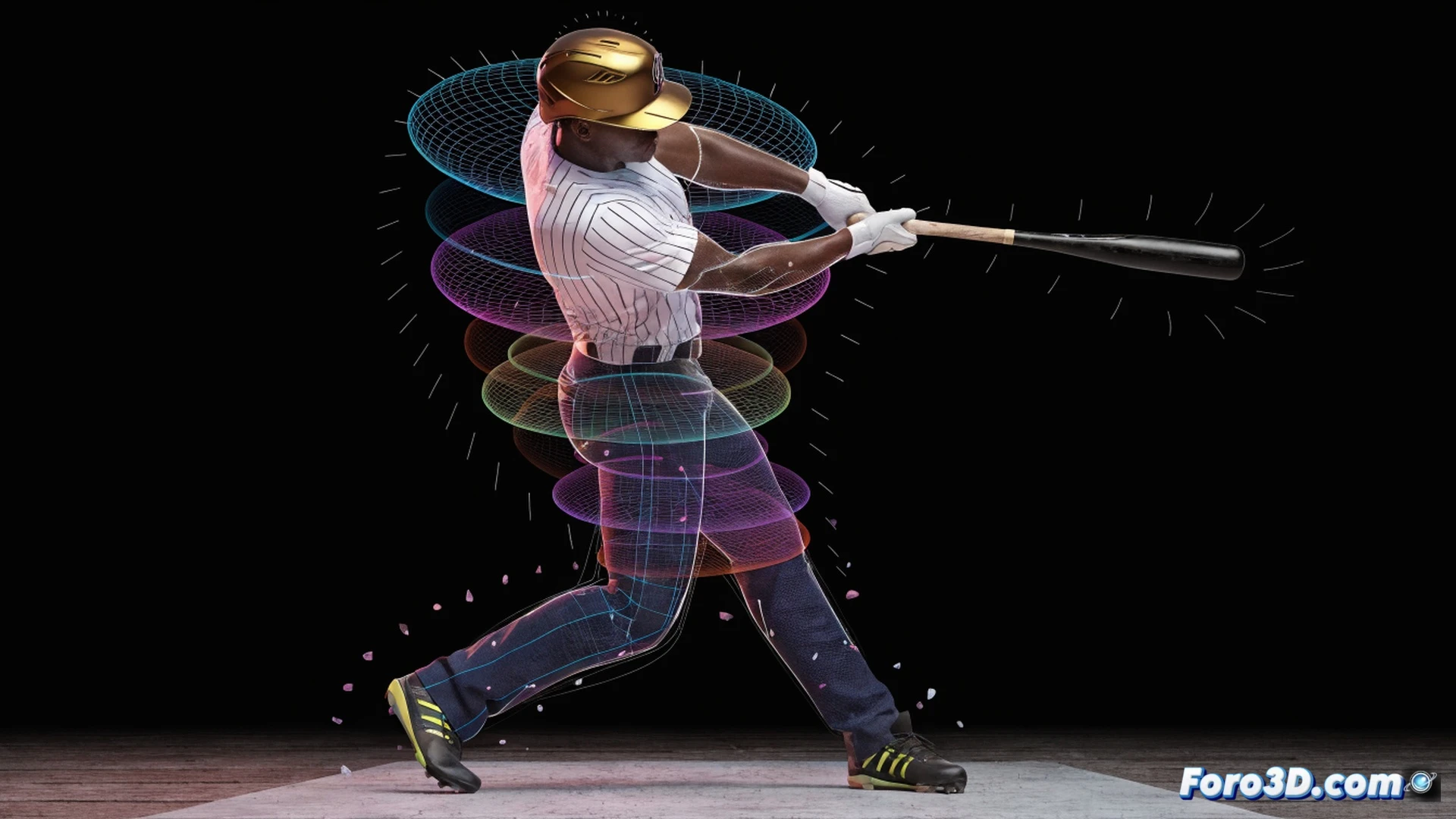 Cricket batsman Rovman Powell in mid-swing, 3D biomechanical analysis overlay showing muscle activation in shoulders and core, motion capture markers on joints, bat arc trajectory traced with glowing orange line, force vectors from legs through torso into arms, photorealistic technical illustration style, dark studio background with dramatic side lighting, high-contrast rendering, detailed muscle fiber texture, sweat droplets frozen in motion, ultra-sharp focus on bat impact zone, cinematic engineering visualization
