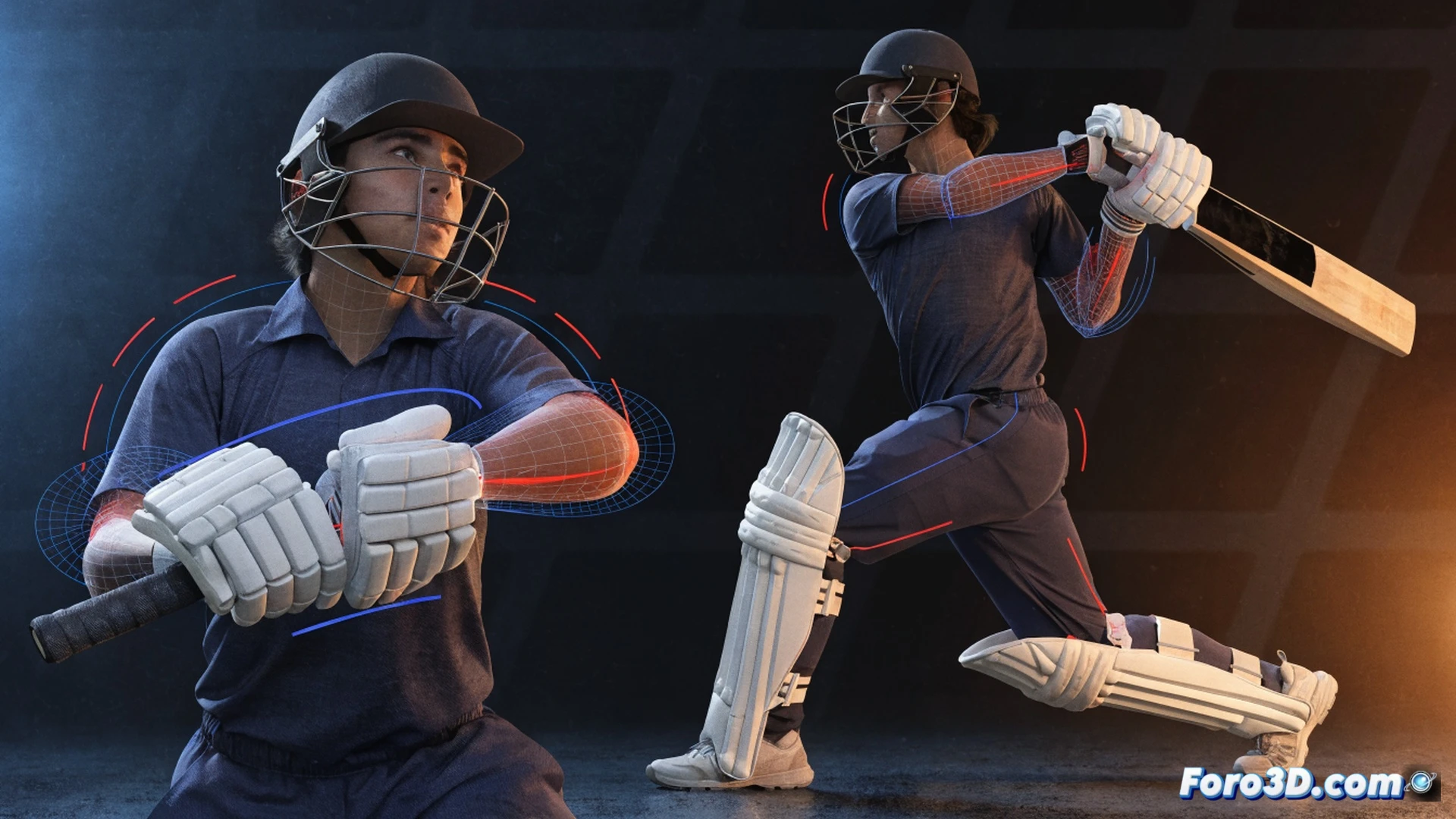 joven bateador afgano en postura de cricket durante un lanzamiento rápido, análisis 3D técnico con wireframe superpuesto al cuerpo, ángulo del bate mostrando rotación precisa del torso, líneas de trayectoria del bate y movimiento de cadera, software de biomecánica en pantalla flotante con datos de velocidad y ángulo, renderizado cinemático fotorrealista, iluminación dramática de estadio, fondo oscuro con rejilla de coordenadas 3D, texturas metálicas y musculares detalladas, efecto de movimiento congelado en el impacto