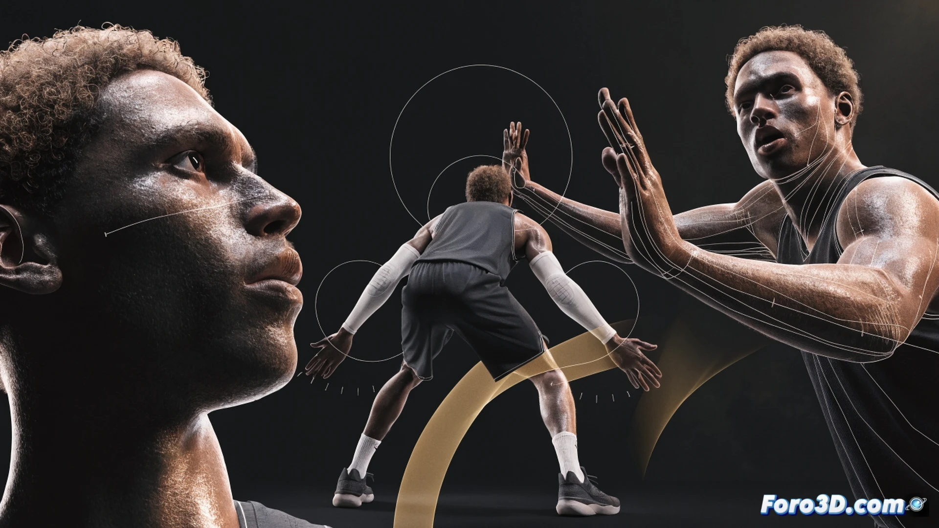 NBA point guard defensive stance, 3D motion capture skeleton overlay showing joint angles during lateral slide, hands active in passing lane, opponent driving toward basket, biomechanical analysis visualization with red-blue force vectors emanating from hips and feet, wireframe grid floor, photorealistic technical illustration, dramatic arena lighting from above, muscle definition visible through translucent skin effect, sweat droplets frozen mid-air, crowd blurred in background, high contrast shadows, cinematic depth of field