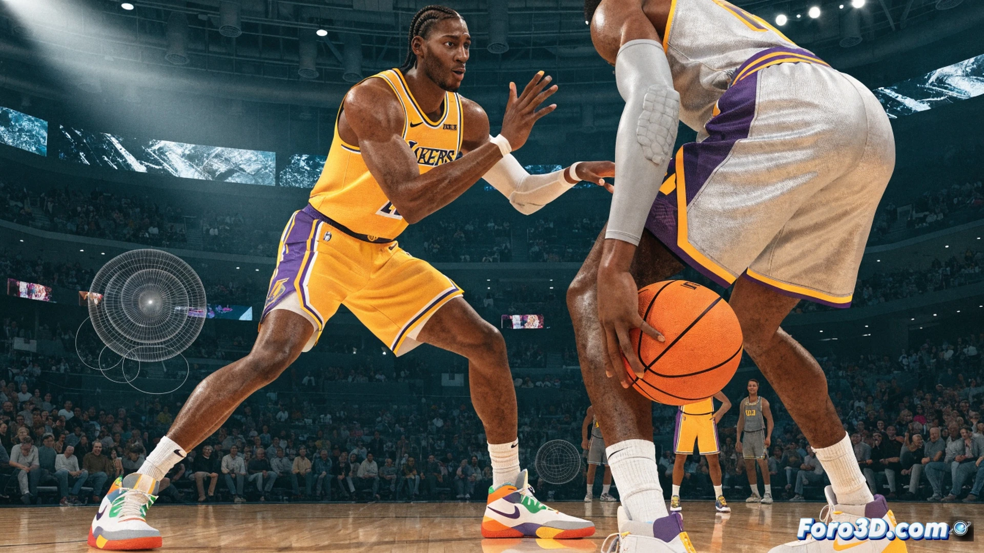 NBA basketball player KCP in defensive stance, anticipating a pass while crouching low on a polished court, 3D wireframe overlay tracking his limb movement, trajectory lines from his hands to an opponent's passing lane, glowing blue and red heatmap showing pressure points on his footwork, cinematic technical illustration style, photorealistic render, dramatic arena lighting with sharp shadows, detailed muscle definition visible under jersey, basketball net blurred in background