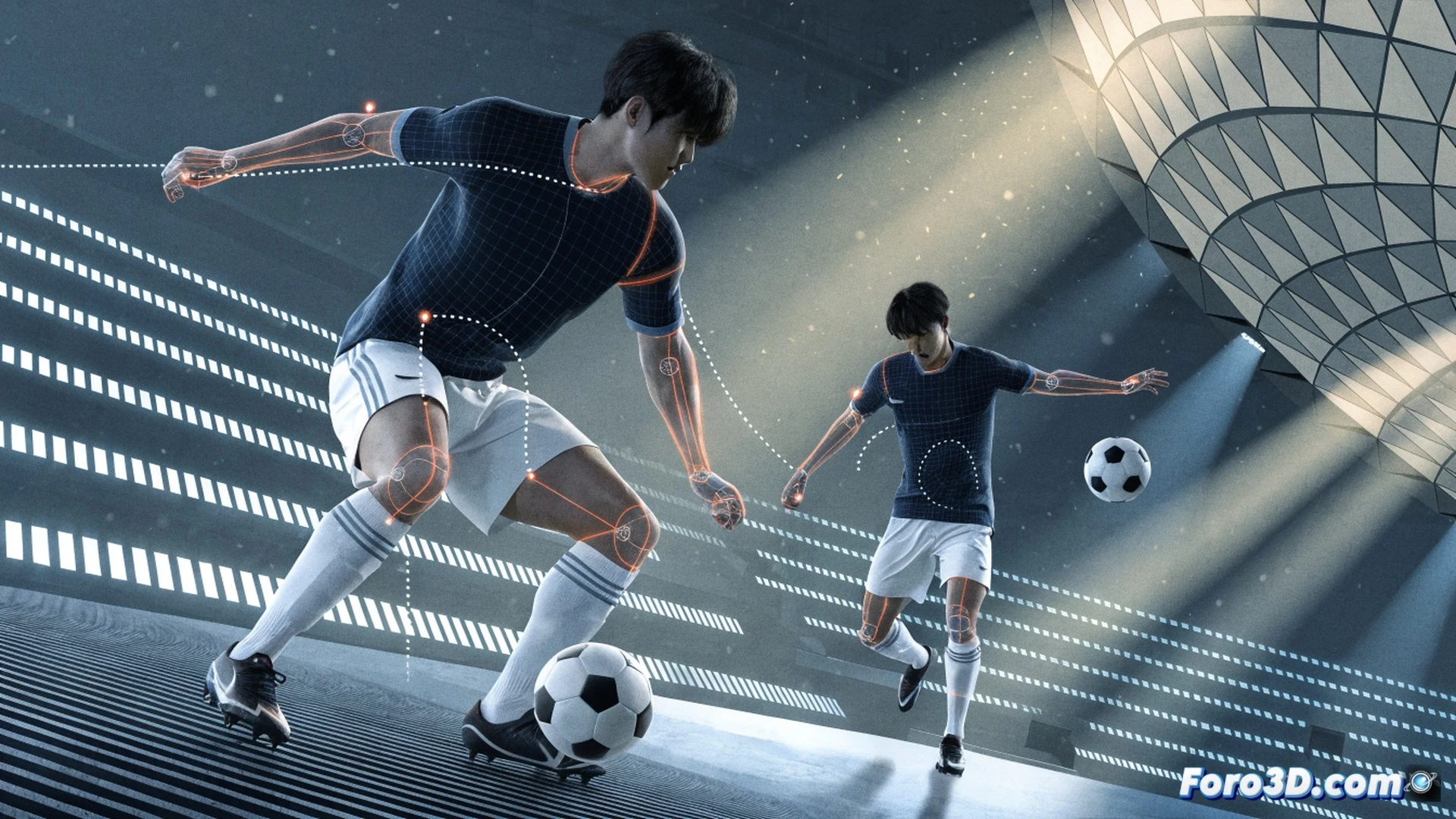3D biomechanical analysis of Lee Kang-in performing a close-control dribble in tight space, left foot executing a precision through pass, motion capture skeleton overlay with joint angles highlighted, green field and defensive markers, glowing trajectory lines from ball to teammate, football boot deformation during pivot, technical illustration style, isometric view, realistic muscle tension visualization, blue and orange tactical heatmap gradients, clean studio lighting, ultra-detailed fabric and grass textures, photorealistic sports engineering render