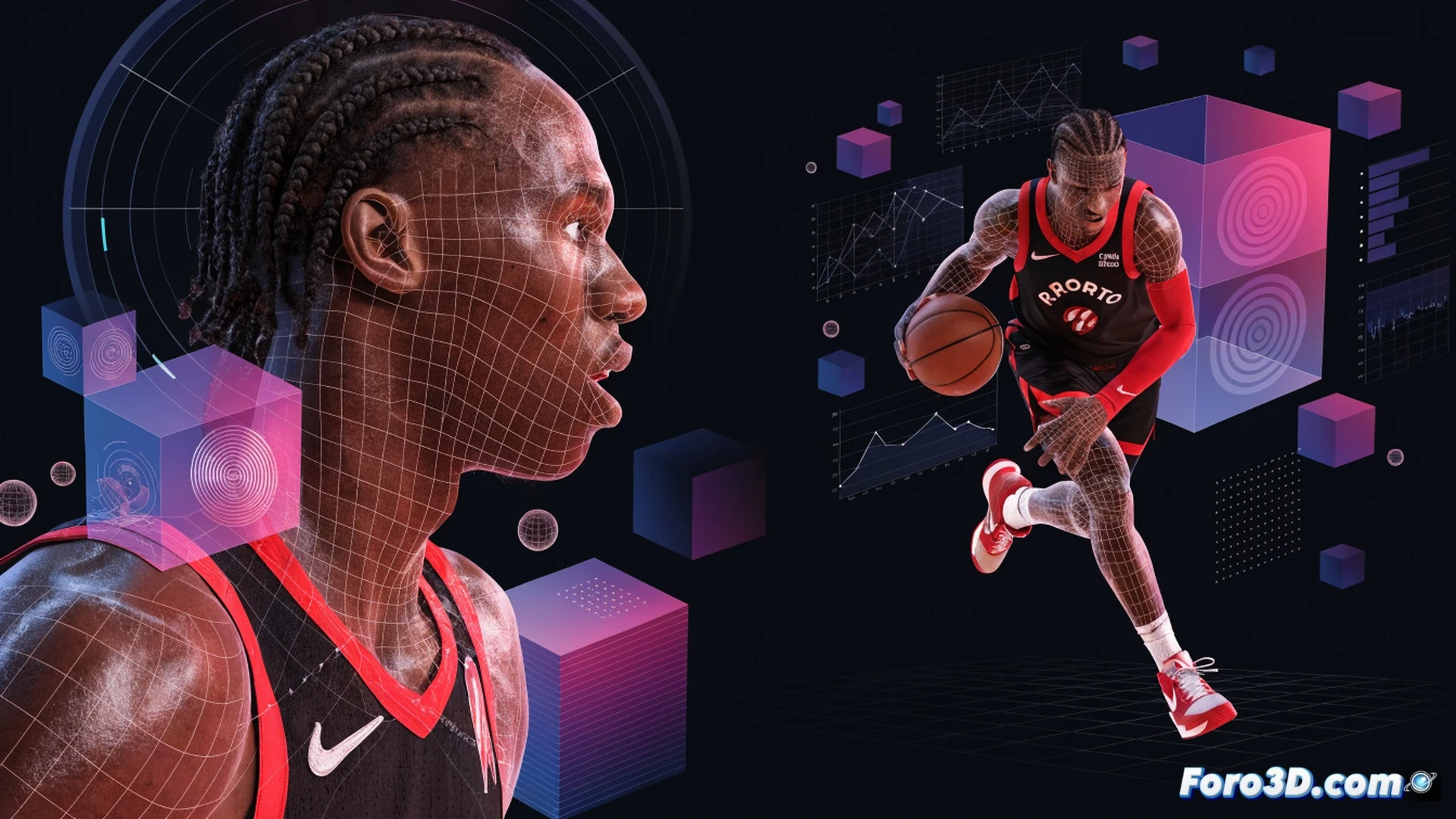 RJ Barrett in a full-speed transition drive, left-handed finish through contact, right foot planted as defender slides, force vector lines radiating from his shoulder and hip showing impact absorption, basketball compressing against rim, translucent 3D wireframe overlay tracking his acceleration and deceleration path, biomechanical joint angles highlighted in neon blue, court floor reflecting arena lights, photorealistic sports science visualization, cinematic slow-motion action, dynamic shadowing, technical analysis overlay with motion capture markers