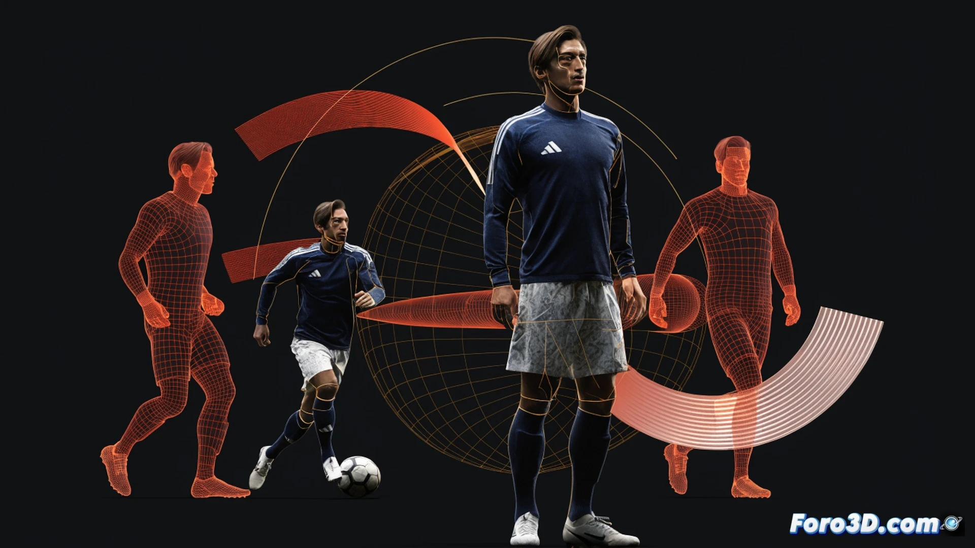 Tres modelos 3D wireframe de un futbolista en distintas fases de un giro de torso, mostrando el campo de visión periférica expandido mediante conos de color naranja semitransparentes, líneas de anticipación de pase conectando sus pies con jugadores rivales en azul y compañeros en verde, overlay de grid espacial y ejes de coordenadas XYZ flotando en el aire, fondo de estadio en penumbra con césped texturizado, iluminación técnica de estudio con sombras suaves, estilo cinematic engineering visualization, renderizado fotorealista con acabado metálico en los marcadores de movimiento.