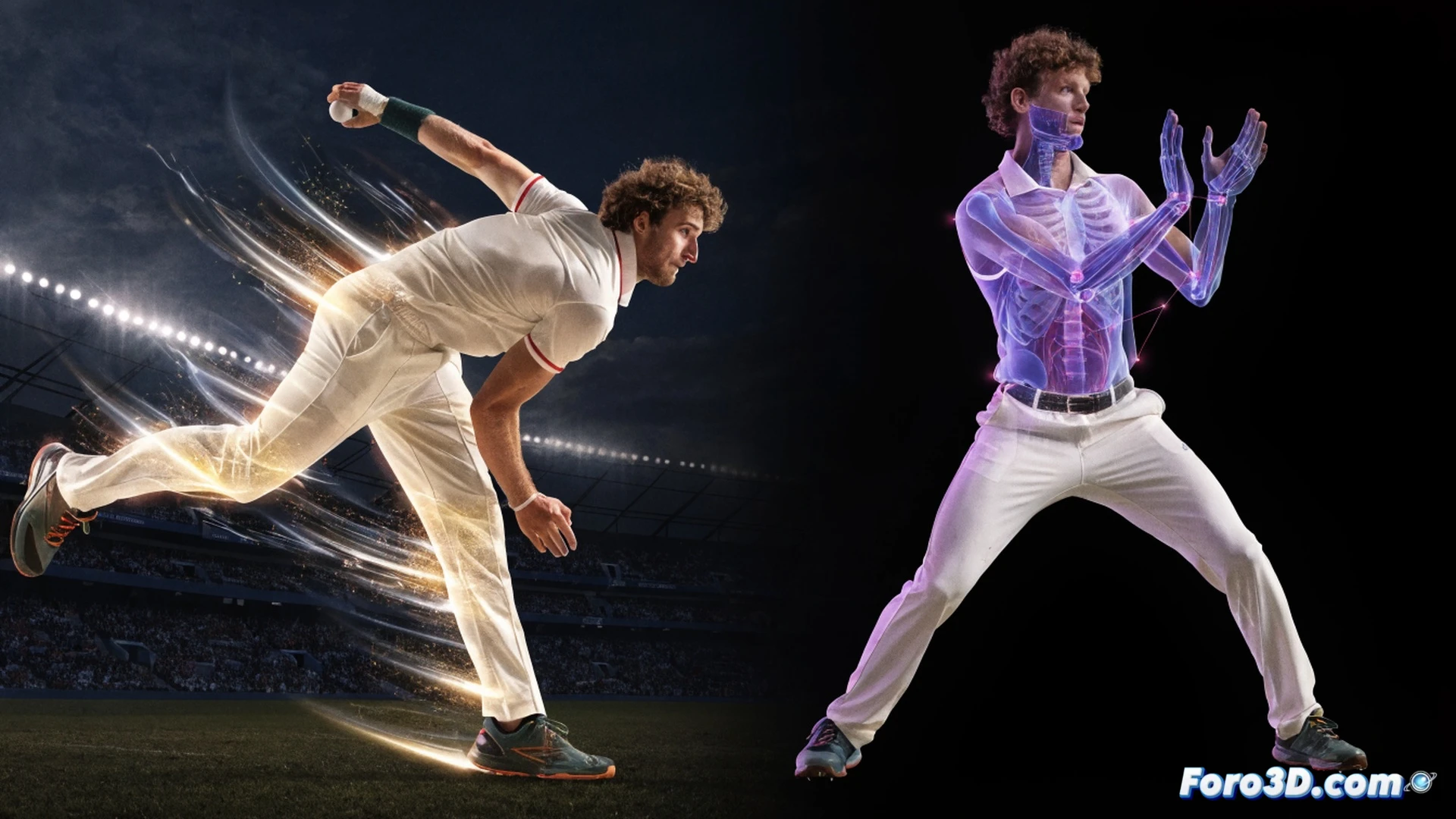 Adam Zampa en plena acción de lanzamiento en cricket, brazo extendido soltando la pelota con efecto visible, muñeca girando para generar spin, líneas curvas de trayectoria marcadas en amarillo brillante sobre un fondo de malla 3D, sistema de tracking con ejes X Y Z y puntos de referencia biomecánicos en las articulaciones, overlay de datos de velocidad y rotación, iluminación dramática de estudio deportivo, visualización técnica de ingeniería con texturas metálicas y superficies reflectantes, render fotorrealista estilo cinematográfico.