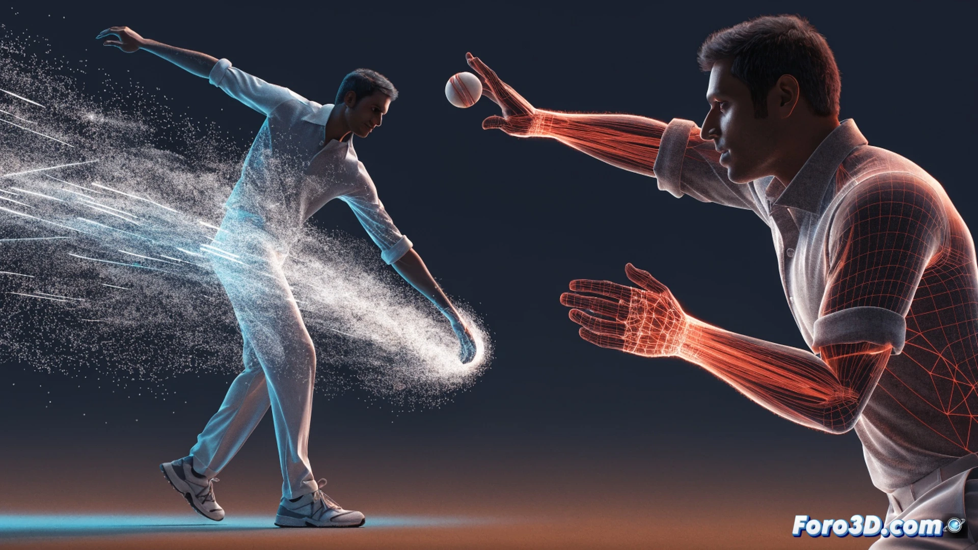 cricket bowler Adil Rashid mid-delivery action, arm at highest point releasing ball with wrist spin, volumetric 3D reconstruction showing skeletal wireframe overlay, red trajectory arc and rotation lines emanating from ball, biomechanical markers on shoulder elbow and wrist, engineering visualization style, dark studio background with grid floor, dramatic spotlight on arm and ball, motion blur on spinning ball, photorealistic technical render