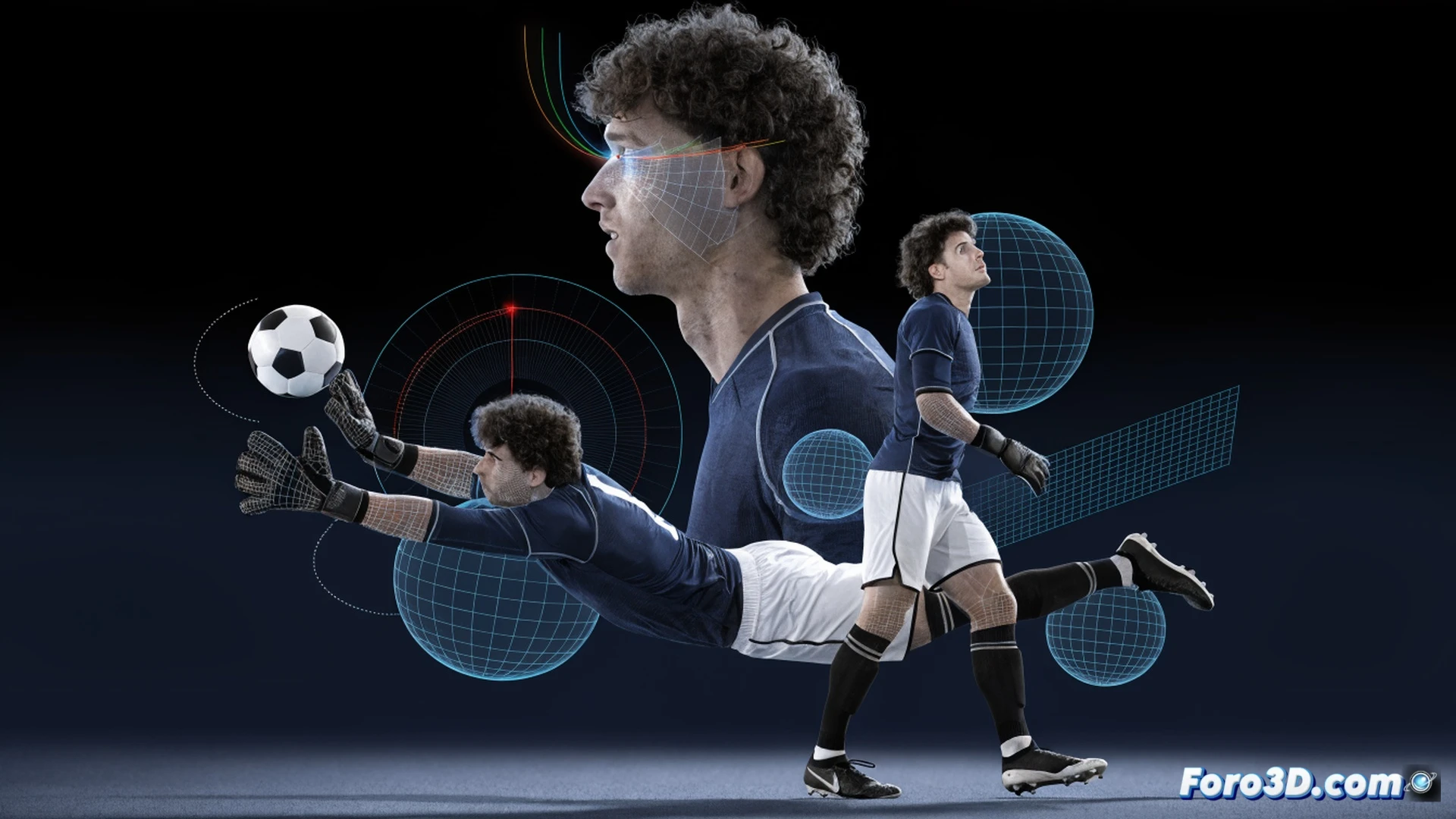 cricket wicketkeeper Alex Carey diving to his right in ultra-slow motion, gloves extended towards a moving cricket ball, feet leaving the ground in a dynamic split-second save, motion capture markers on his pads and gloves, wireframe skeleton overlay showing joint angles and limb trajectories, glowing trajectory lines from ball to gloves, 3D grid floor with distance measurements, photorealistic sports biomechanics visualization, dramatic stadium lighting, deep shadows, hyper-detailed gear textures, cinematic technical render