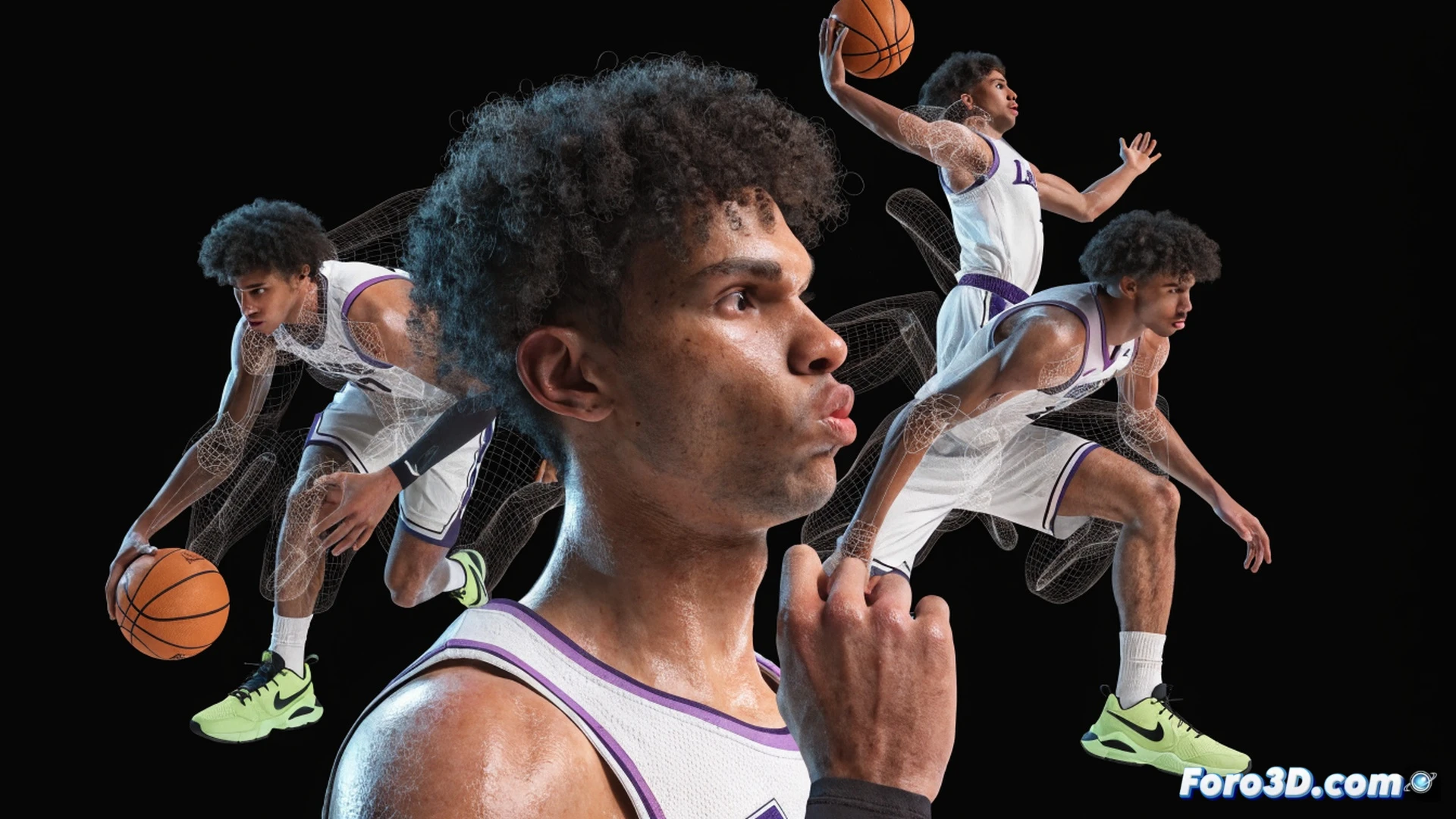 Basketball player in Lakers jersey performing a step-back dribble move, creating contact with a defender at the three-point line, visible 3D motion capture lines tracing his footwork and body angle, technical engineering visualization style, glowing joint markers on knees and hips, biomechanical analysis overlay with skeletal wireframe, photorealistic render of hardwood court, dynamic pose during the action, dramatic stadium lighting, ultra-detailed muscle tension and sweat texture, cinematic sports science illustration