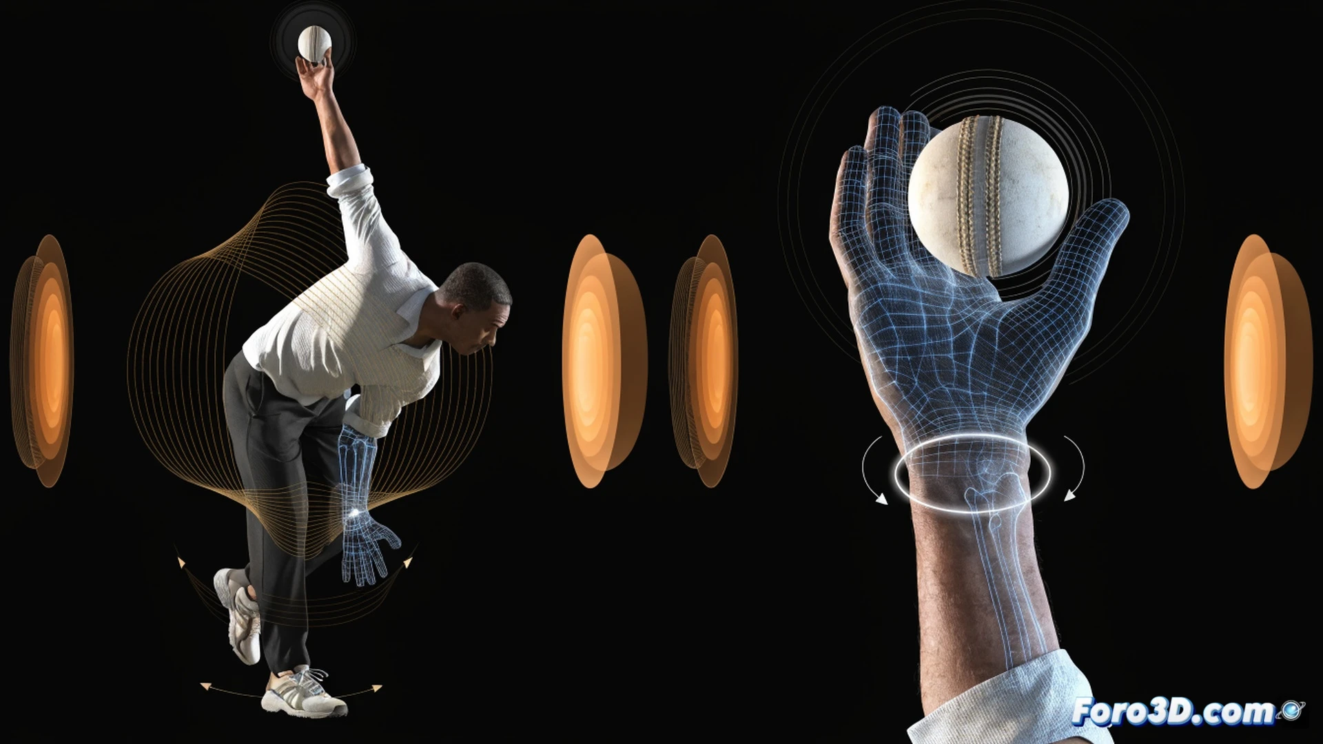 left-arm spinner Bjorn Fortuin mid-delivery in a 3D motion-capture studio, high-speed camera array tracking his wrist angle and finger release, biomechanical skeleton overlay showing shoulder rotation and hip alignment, ball trajectory with spin axis highlighted by glowing orange rotation lines, Doppler radar measuring ball speed and revolutions per second, dark studio background with subtle grid floor, cinematic technical visualization, photorealistic skin texture and sweat details, dramatic side lighting emphasizing muscle tension, engineering-style annotation lines without text, ultra-detailed cricket gear and motion blur on ball
