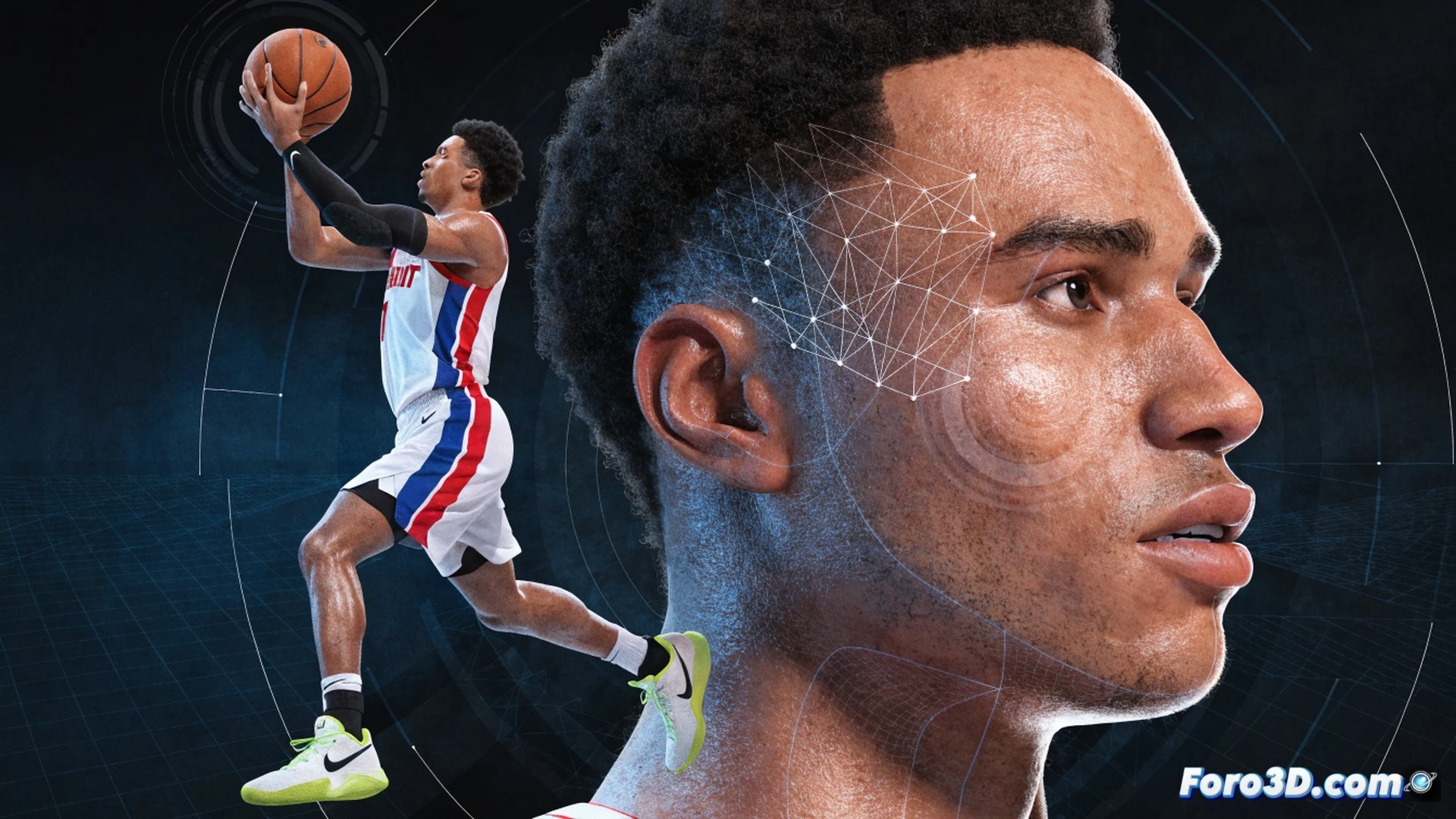 basketball player Cade Cunningham in triple-threat position on court, 3D wireframe overlay showing limb length and wingspan ratio, green trajectory lines tracing his passing vision while scanning defense, defensive players frozen in anticipation, photorealistic technical illustration, volumetric arena lighting, motion blur on ball release, skeletal joint markers highlighting kinetic chain, basketball rim in background with shot probability heatmap, ultra-detailed muscle definition under jersey, cinematic sports science visualization