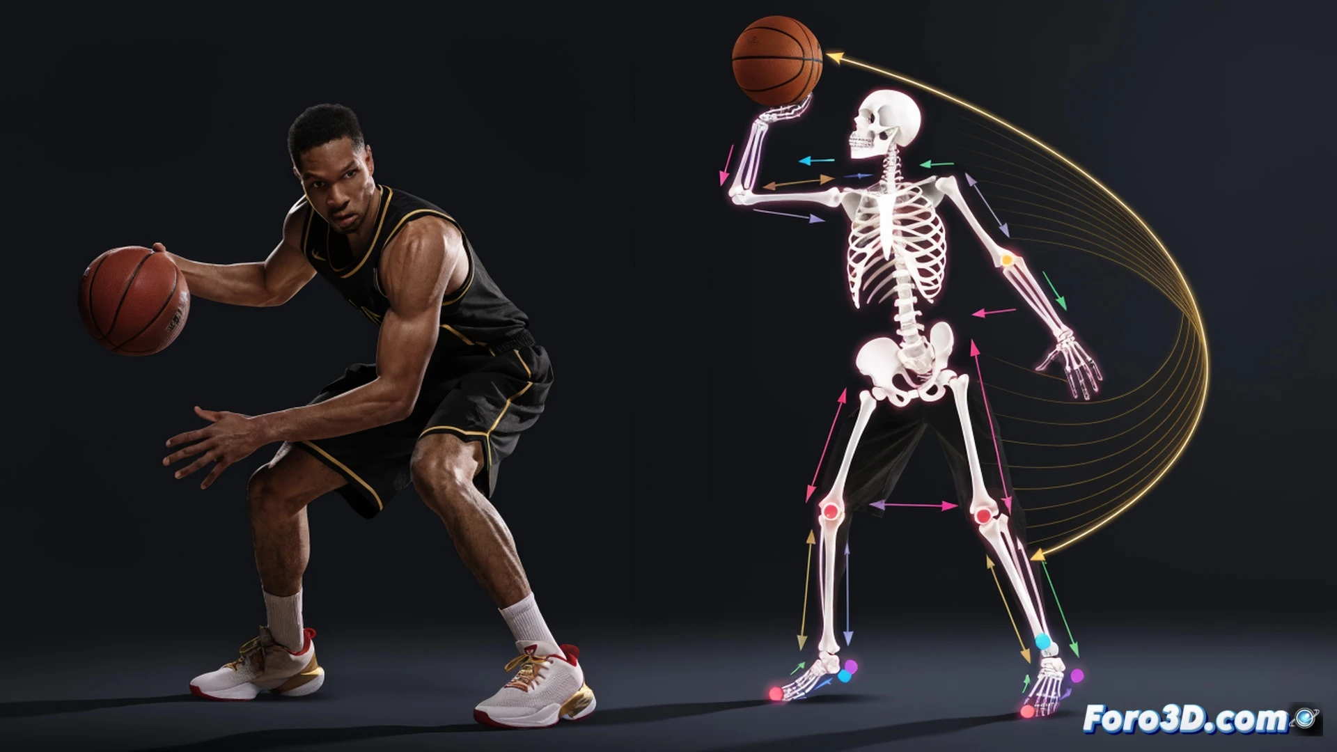 biomechanical 3D analysis of basketball player CJ McCollum in motion, low center of gravity during explosive first step, high release point on jump shot with rapid wrist snap, defender reacting late off balance, wireframe skeletal overlay showing kinetic chain from ankle to fingertips, joint rotation vectors and torque lines highlighted in neon blue, basketball court with hardwood floor reflections, cinematic technical illustration style, dynamic action pose with motion trails, photorealistic muscle and tendon rendering, dramatic arena lighting with rim light, ultra-detailed sports biomechanics visualization