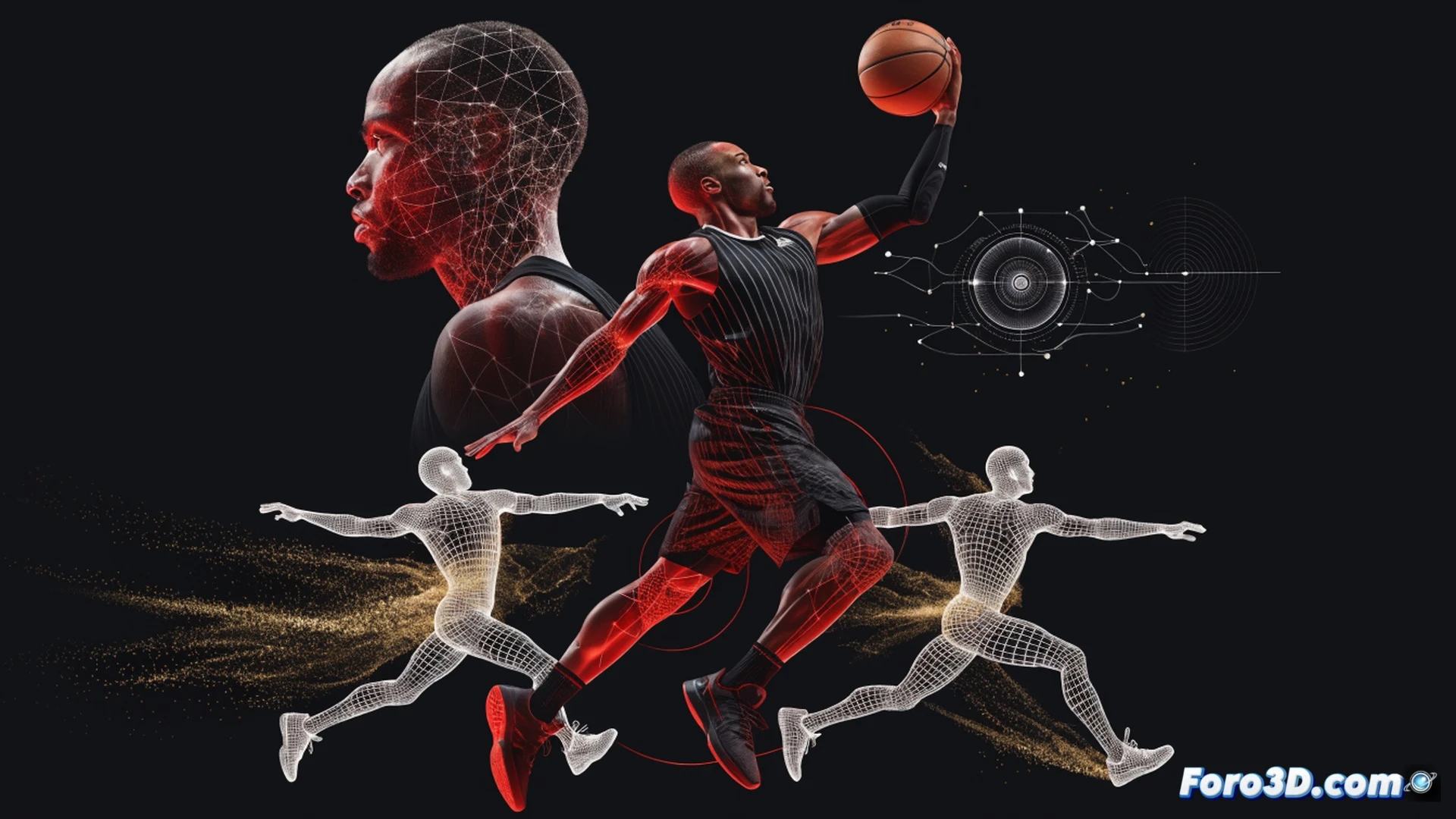 Damian Lillard en pleno lanzamiento de triple lejano, captura en movimiento con líneas biomecánicas que recorren sus articulaciones, bote explosivo con estela de luz azul marcando la trayectoria del balón, defensores congelados en posiciones de lectura, fondo oscuro con gráficos de análisis de movimiento superpuestos, render técnico fotorrealista, iluminación dramática de estadio, texturas de sudor y músculo detalladas, estilo cinematic engineering visualization