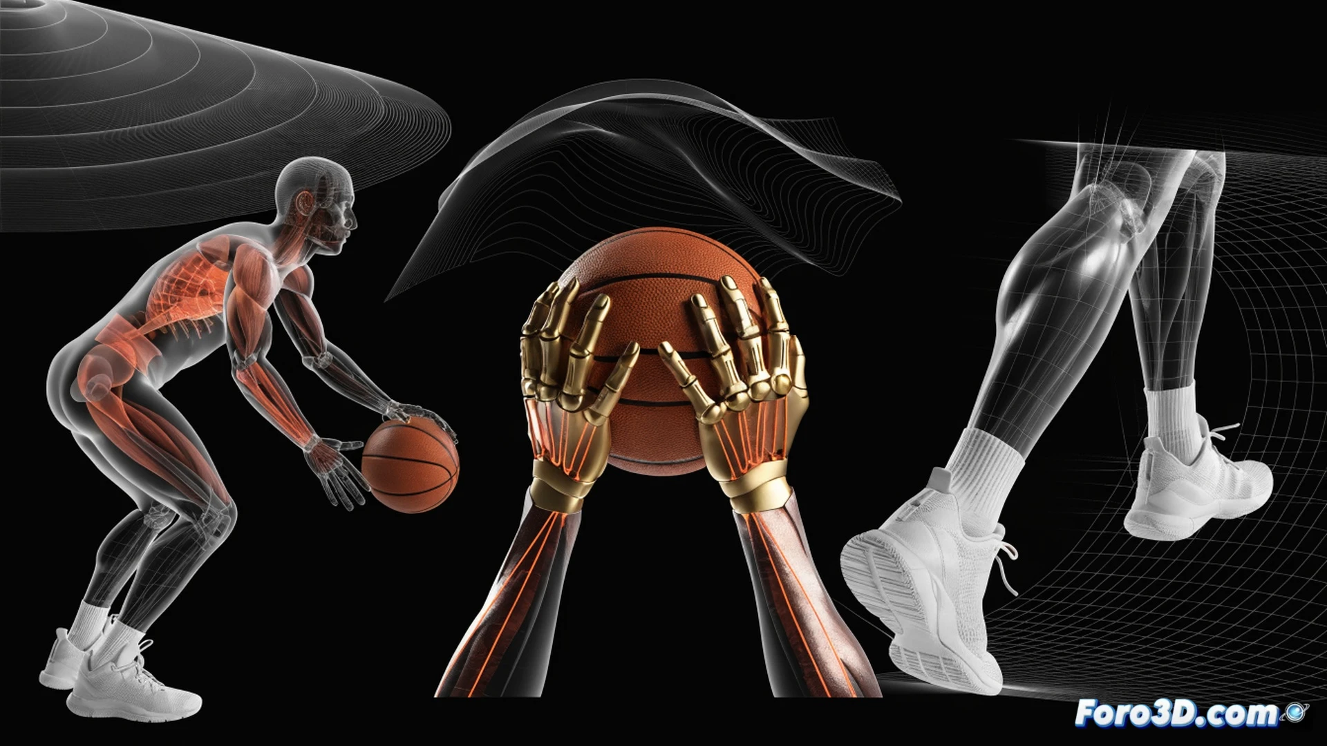 low center of gravity basketball player executing a cross-over dribble, elastic ball handling with visible motion trails tracing the ball path, biomechanical analysis overlay showing joint angles and force vectors in the legs and torso, sudden change of direction mid-stride, feet planted firmly on hardwood court, technical engineering visualization style, glowing biomechanical lines highlighting muscle activation and balance points, photorealistic render with dramatic arena lighting, deep shadows emphasizing the crouched posture, ultra-detailed sneakers and court texture