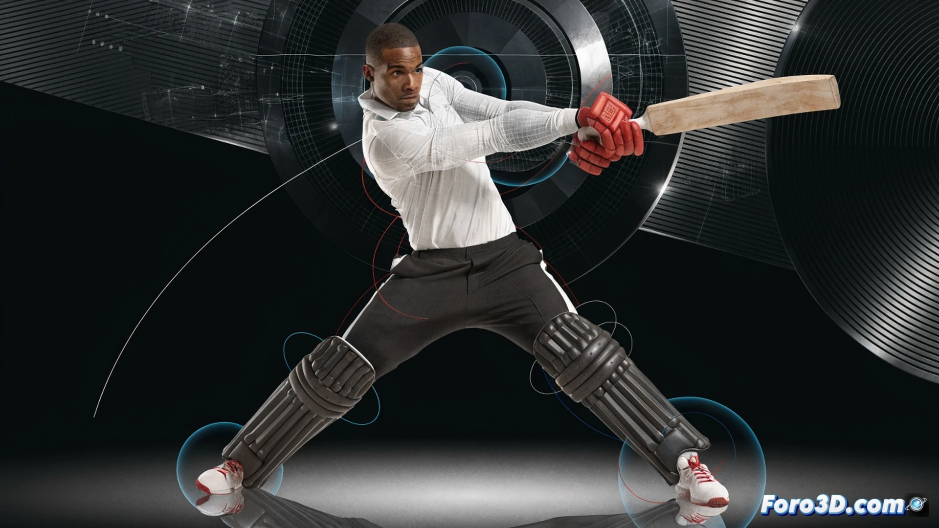 batsman Heinrich Klaasen in mid-swing during a cricket shot, weight balanced on back foot, low center of gravity, controlled hip rotation generating power, bat angle at precise impact point, 3D biomechanical wireframe overlay showing joint angles and force vectors, red trajectory lines from ball to bat, green balance indicators on feet, dark stadium background with floodlights, technical engineering visualization style, photorealistic render with motion blur on bat, glowing kinetic energy lines around hips, ultra-detailed muscle tension in forearms