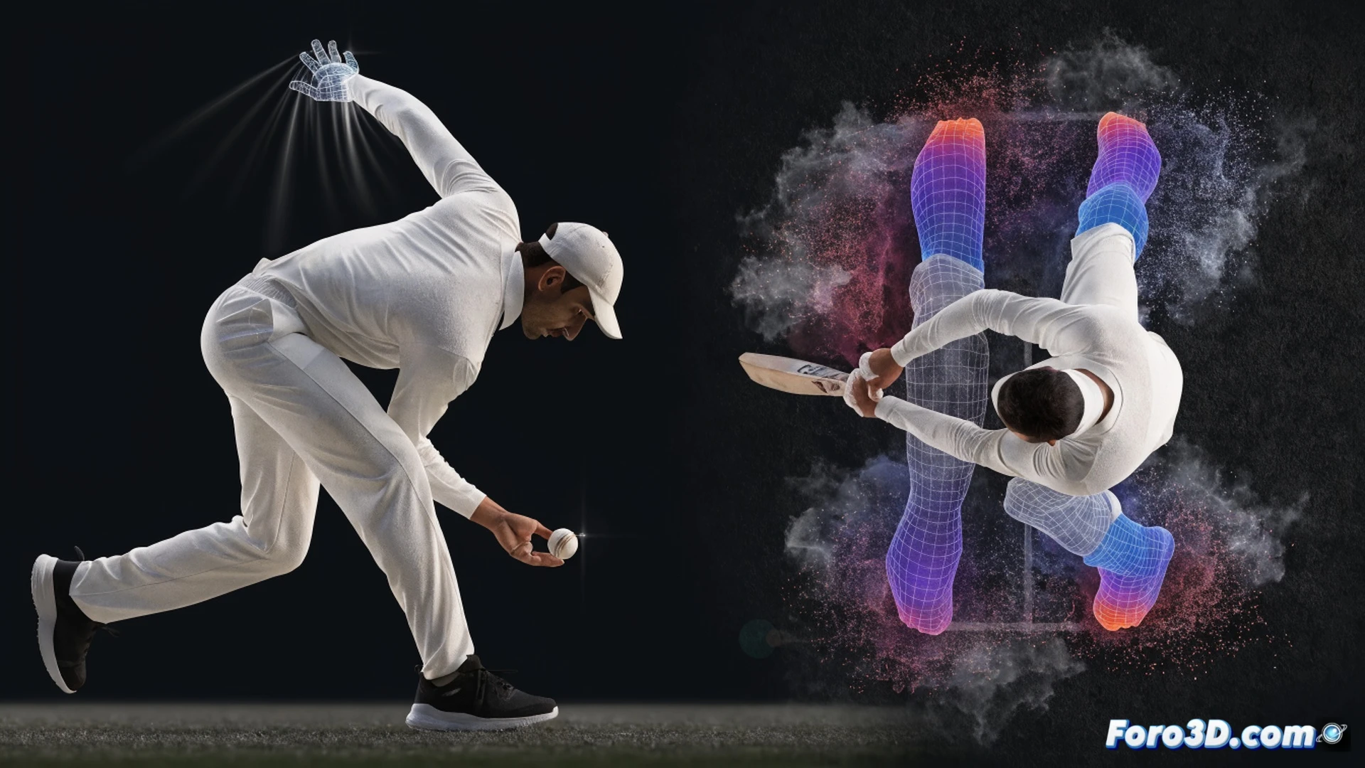 Cricket player Iftikhar Ahmed mid-bowling action, wrist rotation arc highlighted with angular measurement lines and joint markers, front foot landing on crease with pressure distribution color map, batting stance showing precise foot placement zones, 3D motion capture skeleton overlaid, technical engineering visualization, biomechanical analysis interface elements, glowing trajectory paths from bat swing, stadium background dimmed, photorealistic render, dramatic low-angle spotlight, muscle tension detail, ultra-sharp focus on wrist and ankle joints, cinematic sports science aesthetic