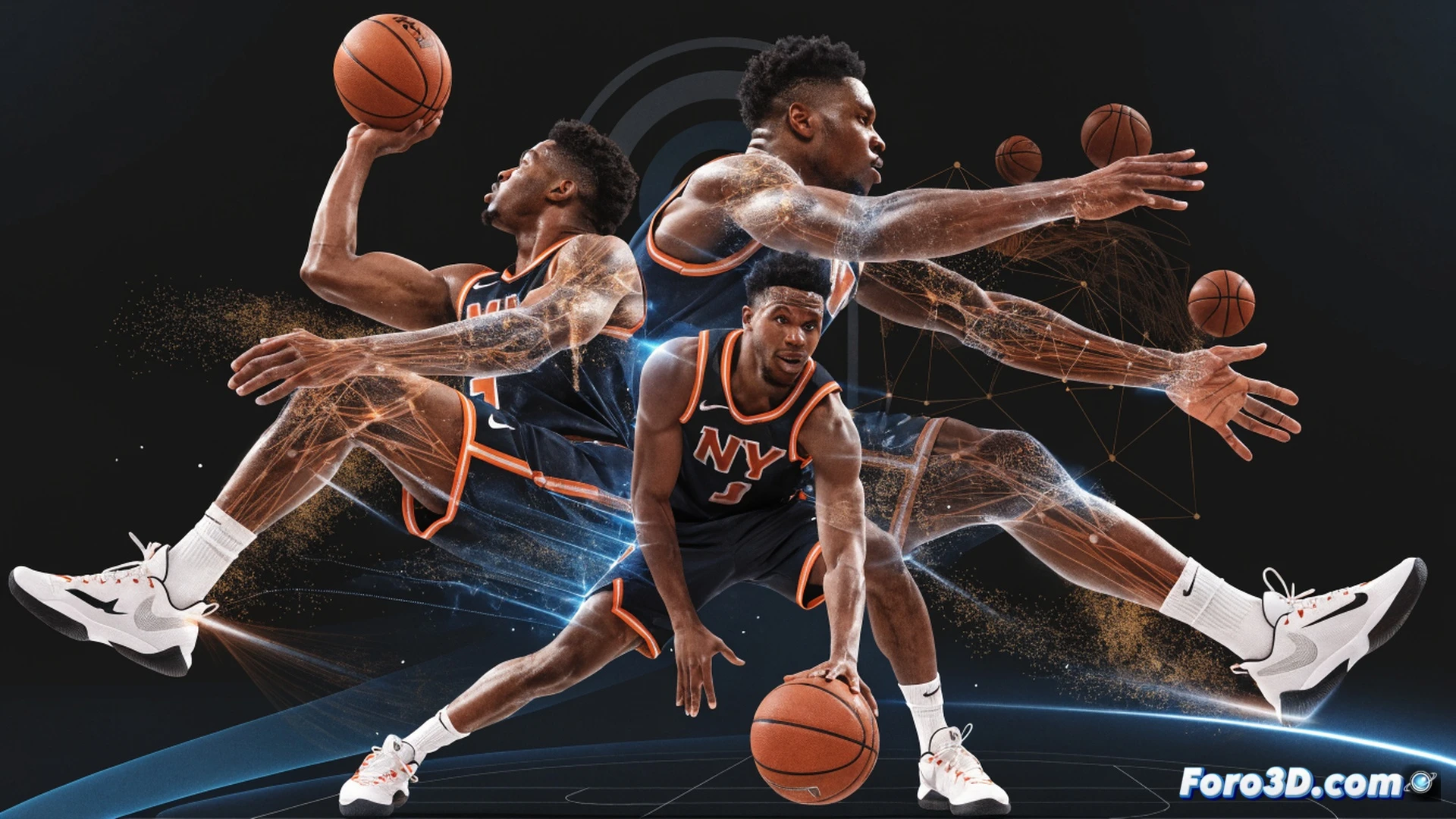 basketball player executing a step-back jumper after a hesitation dribble, three-dimensional vector arrows showing acceleration and rhythm change, glowing trajectory lines from ball release to hoop, defender frozen in off-balance position, court markings visible, cinematic sports visualization, dynamic motion blur on player jersey, blue and orange team colors, realistic arena lighting, photorealistic technical render with biomechanical analysis overlays, high-contrast shadows emphasizing explosive movement