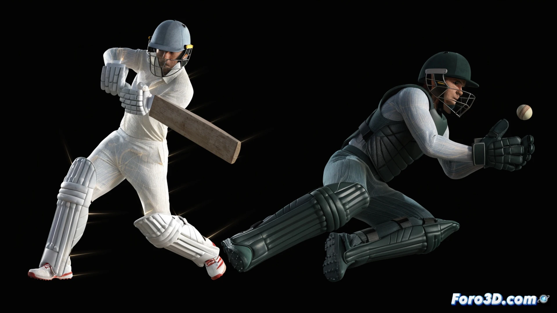 Josh Inglis mid-swing batting action, cricket bat striking red ball at precise impact angle, wicketkeeper pads and gloves in dynamic crouch stance behind stumps, 3D motion capture lines tracing his hip rotation and wrist movement, glowing joint markers on knees and elbows, polygonal wireframe overlay on his body showing kinetic chain, photorealistic technical illustration, stadium floodlights casting sharp shadows, high-speed freeze-frame effect with visible sweat droplets, ultra-detailed muscle tension and gear texture