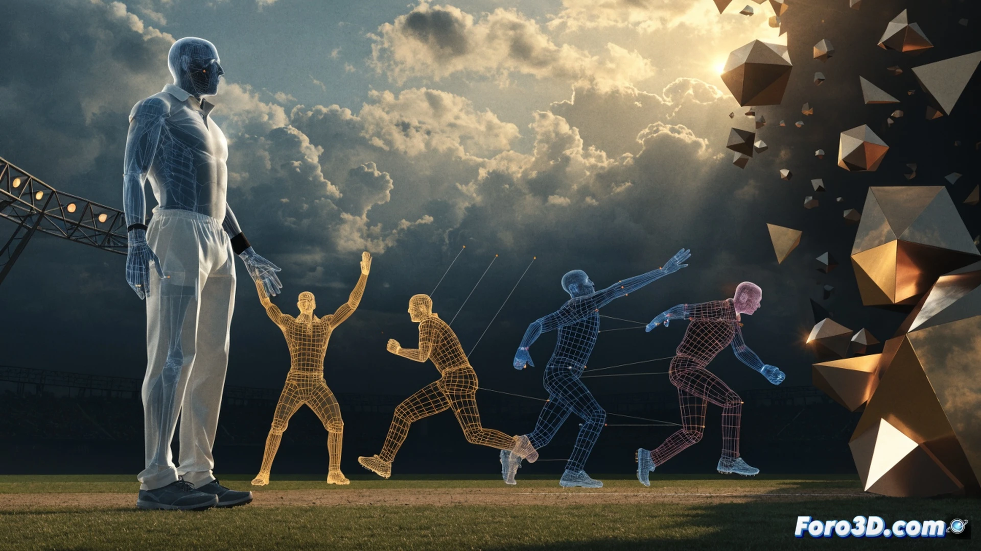 batsman Mahmudullah executing a defensive cricket shot, dynamic posture showing adjusted grip and stance, biomechanical analysis overlay with translucent 3D skeletal motion lines tracking hip rotation and wrist angle, cricket pitch and stumps in background, glowing trajectory paths from bat to ground, technical engineering visualization style, photorealistic render, dramatic stadium floodlights casting sharp shadows, hyper-detailed cricket equipment texture