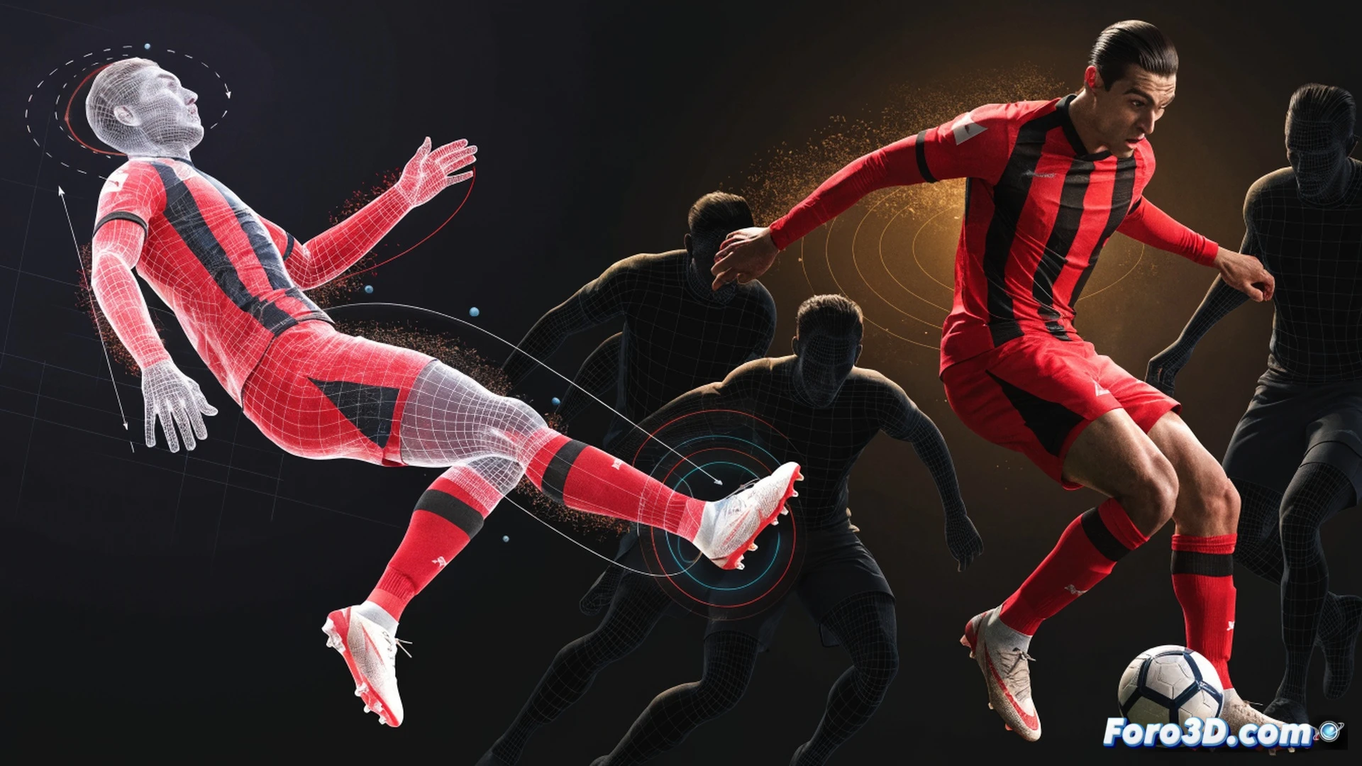 futbolista Mateo Retegui en acción de remate de cabeza dentro del área, modelo 3D semitransparente mostrando análisis biomecánico, líneas de trayectoria del balón con vectores de fuerza y ángulos de impacto, gráficos de calor en zonas del cuerpo durante el salto, fondo oscuro con malla de datos técnicos, visualización cinemática, iluminación dramática desde el lateral, render fotorrealista de ilustración técnica deportiva
