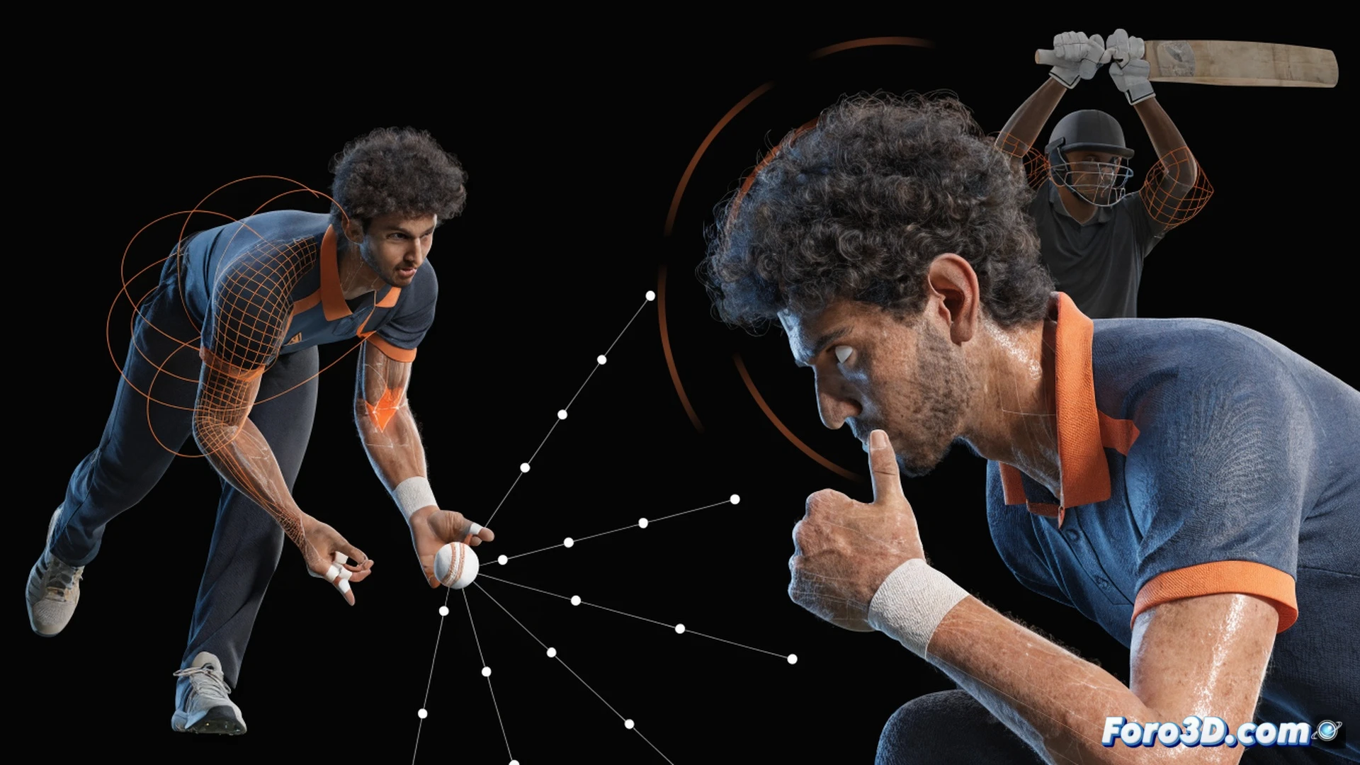 Mitchell Santner en acción de lanzamiento de spin con brazo izquierdo, análisis biomecánico 3D mostrando líneas de fuerza sobre su hombro y muñeca durante el giro de la bola, gráficos de trayectoria curvada en el aire, panel de software técnico con datos de rotación y velocidad superpuestos, fondo de campo de cricket con bateador en guardia, visualización de ingeniería deportiva, estilo cinemático fotorrealista con iluminación de estadio, texturas detalladas de césped y ropa deportiva, render técnico de alta precisión