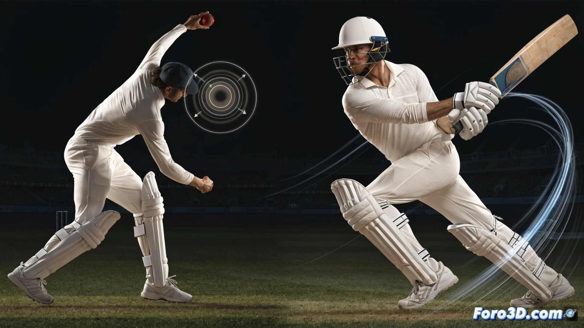 Moeen Ali delivering an off-spin ball, front arm high, wrist snapping downward, ball spinning sharply with visible seam rotation, batsman attempting a aggressive drive, bat edge deflecting ball toward slip fielders, cricket pitch with worn bowling crease, red ball trailing a glowing arc showing spin axis and drift, wireframe motion analysis lines tracking shoulder rotation and hip alignment, biomechanical skeleton overlay highlighting torque in torso and wrist snap, dark stadium background with floodlights, cinematic technical illustration, photorealistic 3D render, golden hour warm light, dramatic shadows, ultra-detailed stitching on ball and bat grip