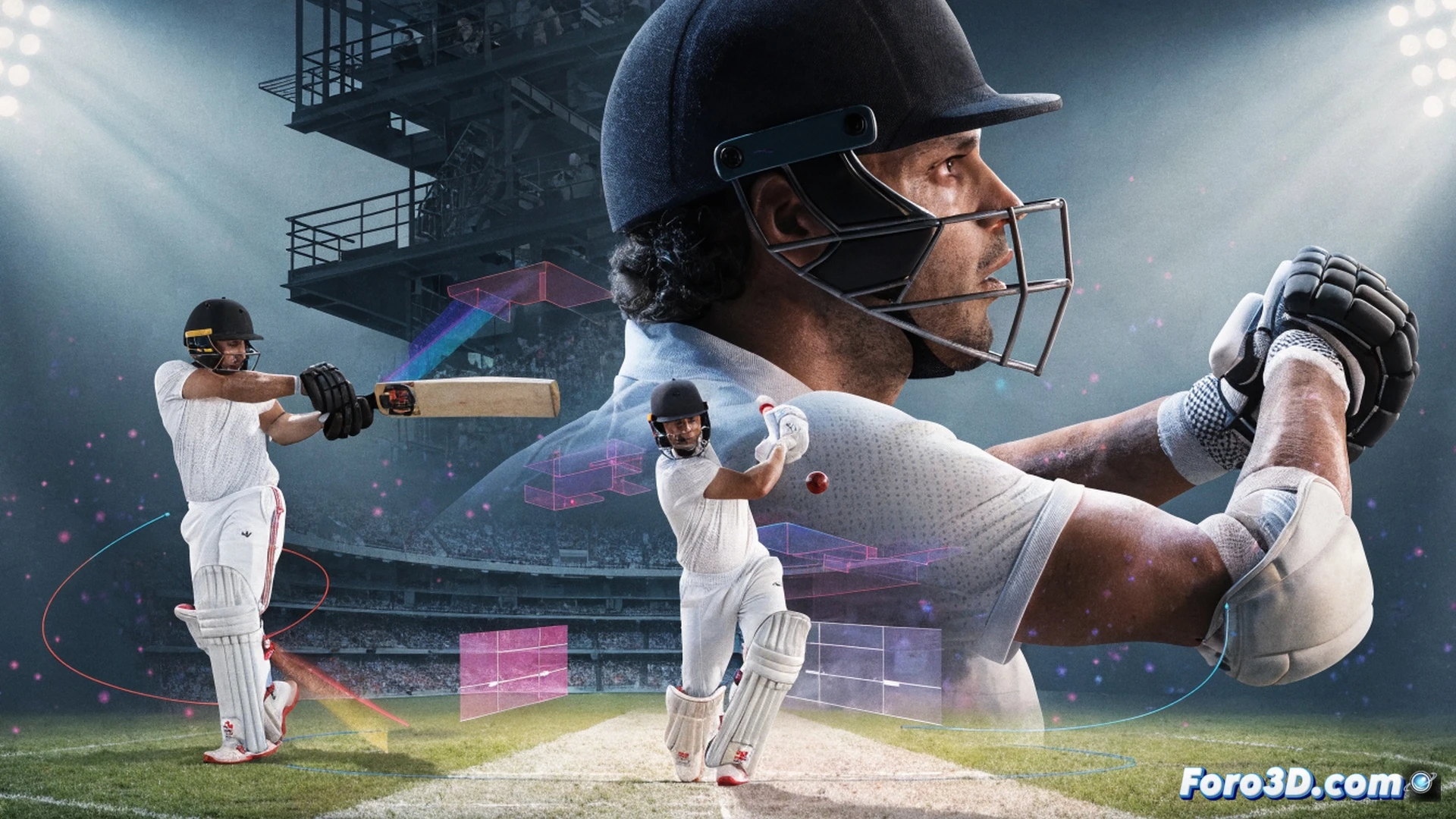 three-dimensional motion capture visualization of Najibullah Zadran executing a powerful cricket swing, red trajectory lines tracing his bat path and weight shift mid-strike, biomechanical joint angles highlighted with glowing markers during aggressive shot, cricket pitch and stumps visible in background, technical engineering visualization style, holographic grid overlay on player body, dynamic pose showing explosive hip rotation, dark studio environment with dramatic rim lighting, ultra-detailed muscle definition under sportswear, photorealistic sports science render