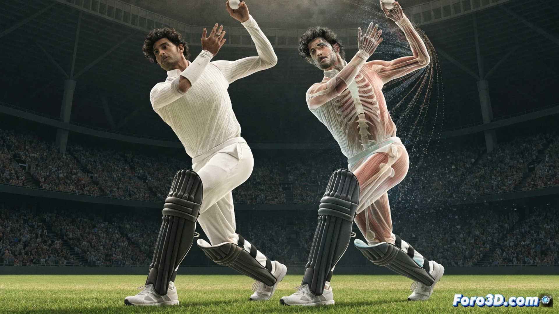 photorealistic 3D biomechanical analysis of Ruturaj Gaikwad batting stance, cricket bat swinging through impact zone, wireframe skeleton overlaid on player showing footwork and wrist angle, glowing trajectory lines from bat face to boundary, motion capture markers on joints and bat, engineering visualization with angular measurements and force vectors, stadium background blurred, dramatic floodlight illumination, ultra-detailed muscle and tendon definition, cinematic slow-motion effect, technical illustration style