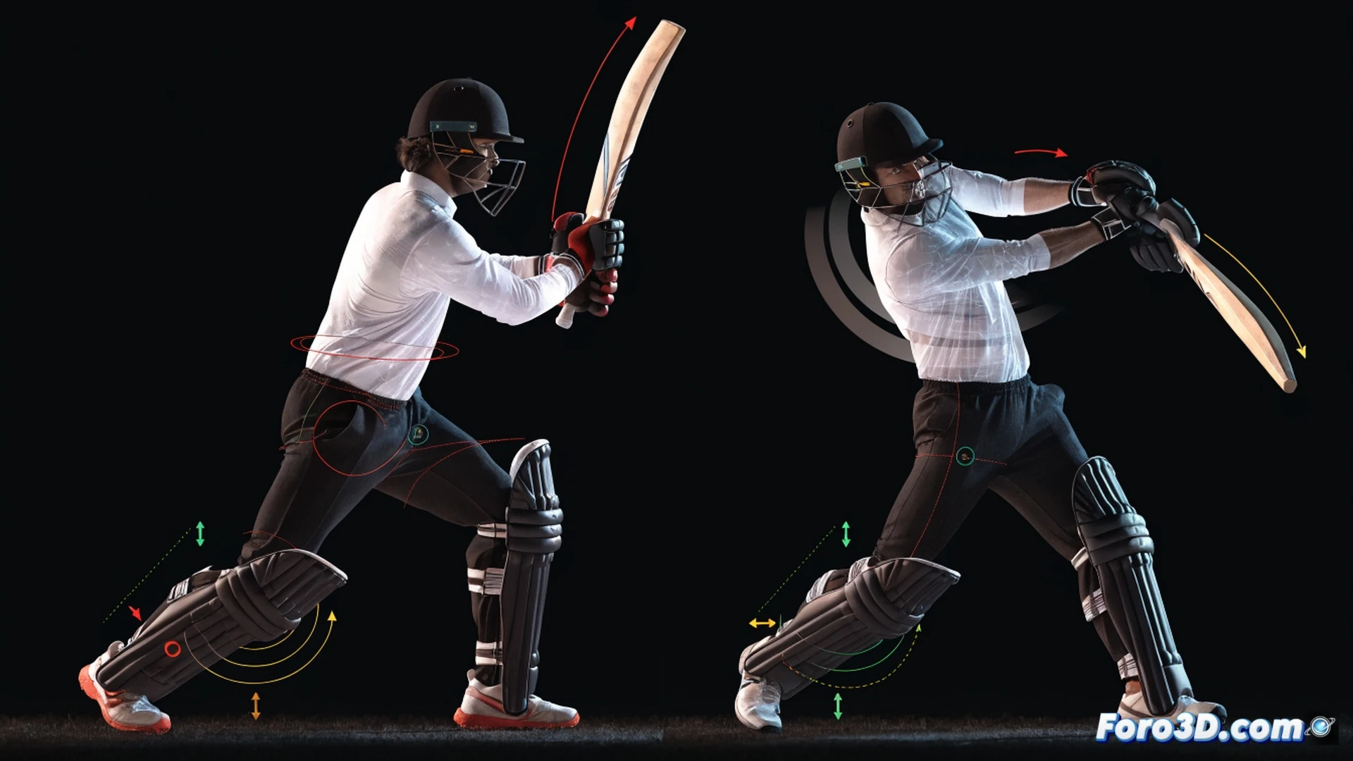 young Bangladeshi batsman in aggressive batting stance during powerplay, front foot mechanics shown mid-strike, bat angle slicing through cover drive zone, motion lines tracing bat arc, 3D wireframe overlay showing joint angles and body positioning, cricket pitch with stumps in background, soft sunlight on grass, cinematic sports science visualization, photorealistic human figure with translucent technical grid, dynamic muscle tension visible, ultra-detailed cricket gear texture, dramatic low-angle camera, realistic sweat droplets in motion, engineering-style analysis with trajectory arrows