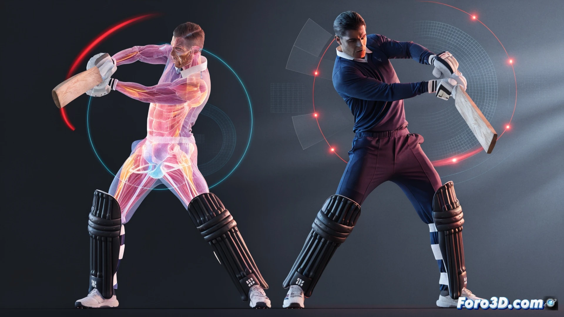 cricket batsman mid-swing demonstrating hip rotation and bat grip, motion capture markers on joints and bat handle, 3D wireframe skeleton overlay showing torque transfer from hips to shoulders, biomechanical analysis software interface floating, multiple ghosted freeze-frames of bat trajectory, glowing force vectors along spine and arms, stadium background blurred, dramatic low-angle shot, technical illustration style, high contrast lighting, metallic bat surface reflecting stadium lights, photorealistic render with engineering visualization aesthetic
